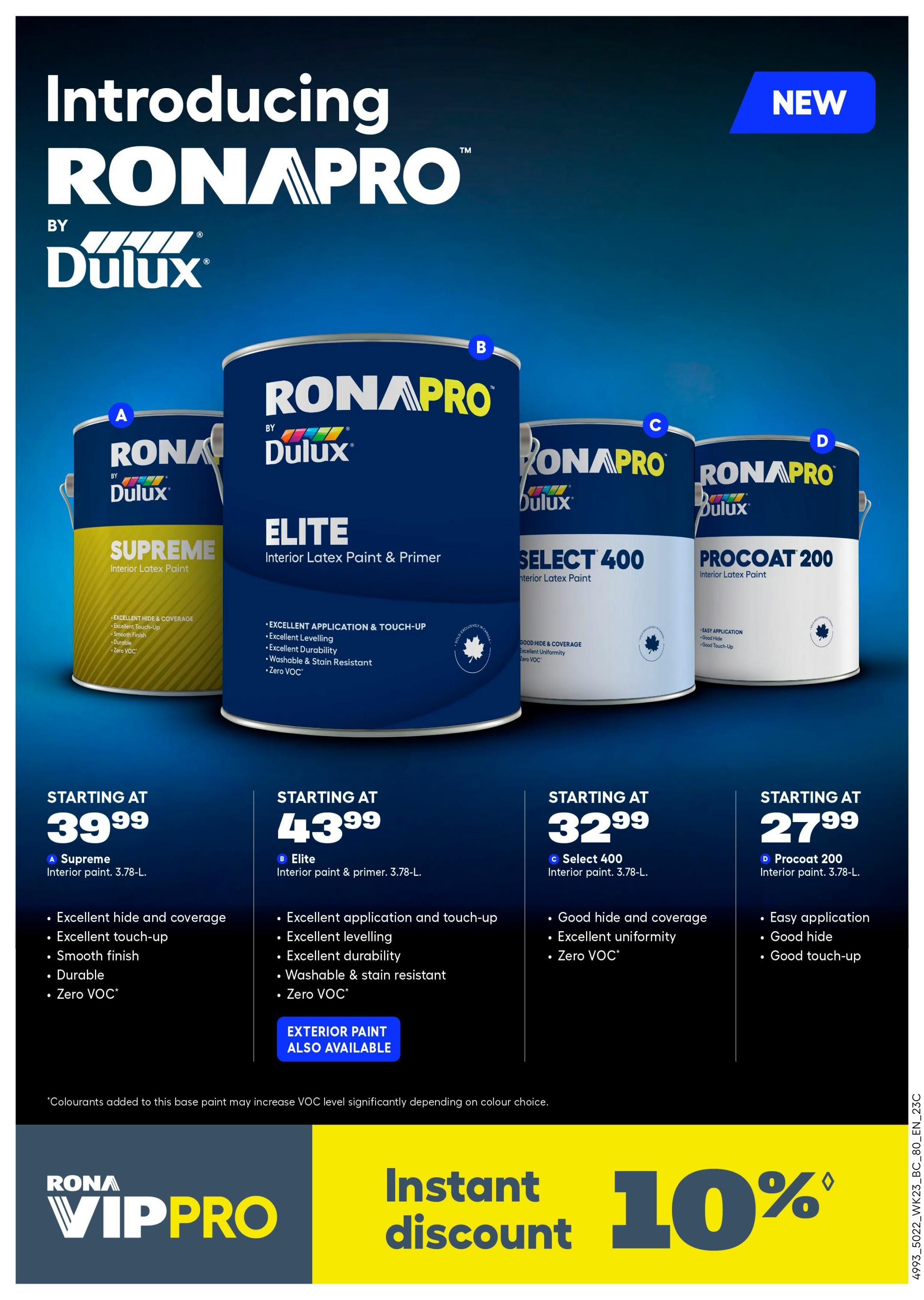 Introducing RONA PRO by Dulux, featuring new interior latex paints. Options include Supreme Interior Latex Paint starting at $39.99, with excellent hide and coverage, smooth finish, and durability. Elite Interior Latex Paint & Primer is available starting at $43.99, offering excellent application, levelling, durability, and stain resistance. Select 400 Interior Latex Paint starts at $32.99, providing good hide and coverage. Procoat 200 Interior Latex Paint is priced starting at $27.99, featuring easy application and good touch-up. All listed paints are 3.78-L and Zero VOC. Exterior paint is also available. A RONA VIPPRO promotion offers an instant 10% discount.