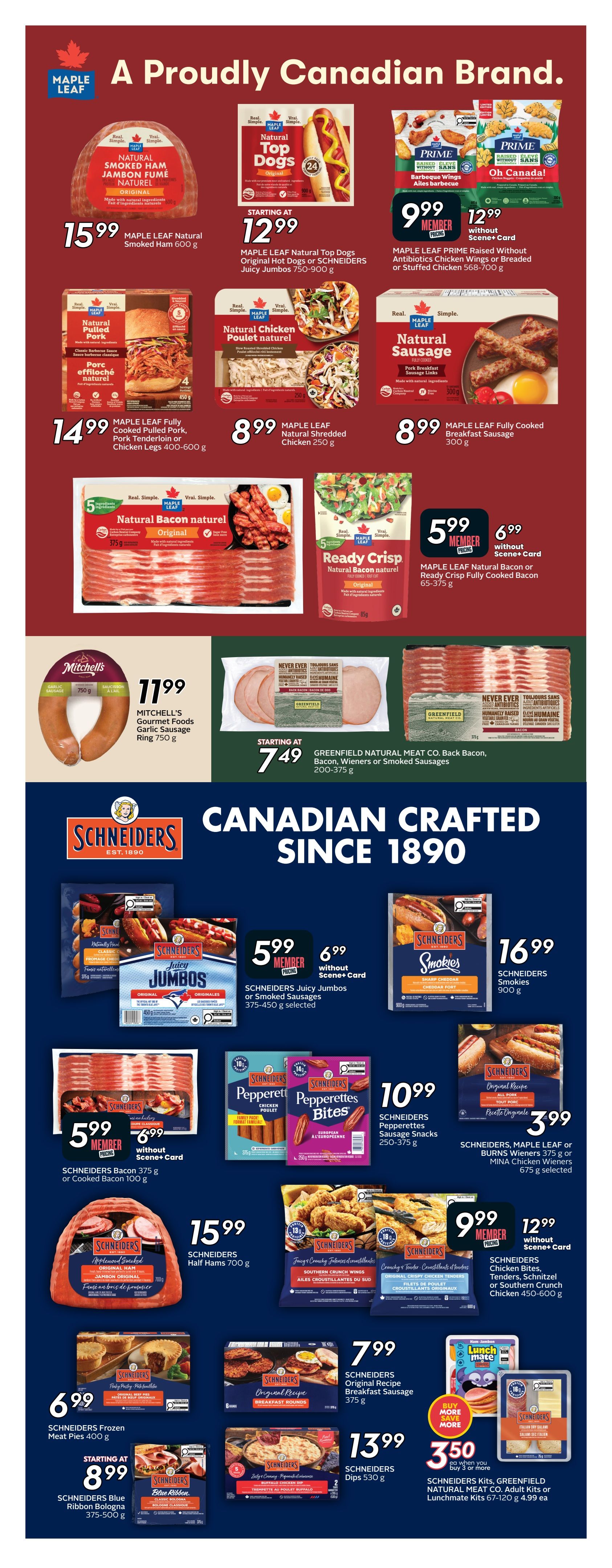 Safeway weekly flyer specials page 18 features a variety of Canadian-made meat products. Top row includes Maple Leaf Natural Smoked Ham 600 g for $15.99, Maple Leaf Natural Top Dogs Original or Schneiders Juicy Jumbos 750-900 g starting at $12.99, and Maple Leaf Prime Raised Without Antibiotics Chicken Wings or Breaded or Stuffed Chicken 568-700 g for $9.99 member price or $12.99 without Scene+ Card. Also featured are Maple Leaf Fully Cooked Pulled Pork, Pork Tenderloin or Chicken Legs 400-600 g for $14.99, Maple Leaf Natural Shredded Chicken 250 g for $8.99, and Maple Leaf Fully Cooked Breakfast Sausage 300 g for $8.99. Second row showcases Maple Leaf Natural Bacon Original or Ready Crisp Fully Cooked Bacon 65-375 g for $5.99 member price or $6.99 without Scene+ Card. Mitchell's Gourmet Foods Garlic Sausage Ring 750 g is $11.99. Greenfield Natural Meat Co. Back Bacon, Bacon, Wieners or Smoked Sausages 200-375 g start at $7.49. The bottom section highlights Schneiders products: Schneiders Juicy Jumbos Original or Smoked Sausages 375-450 g selected for $5.99 member price or $6.99 without Scene+ Card, Schneiders Smokies 900 g for $16.99, Schneiders Bacon 375 g or Cooked Bacon 100 g for $5.99 member price or $6.99 without Scene+ Card, Schneiders Pepperettes Sausage Snacks 250-375 g for $10.99, Schneiders Maple Leaf or Burns Wieners Leaf or Mina Chicken Wieners 675 g selected for $3.99. Additional Schneiders items include Frozen Meat Pies 400 g for $6.99, Original Recipe Breakfast Sausage 375 g for $7.99, Dips 530 g for $13.99, and Schneiders Kits, Greenfield Natural Meat Co. Adult Kits or Lunchmate Kits 67-120 g for $3.50 each when you buy 3 or more.