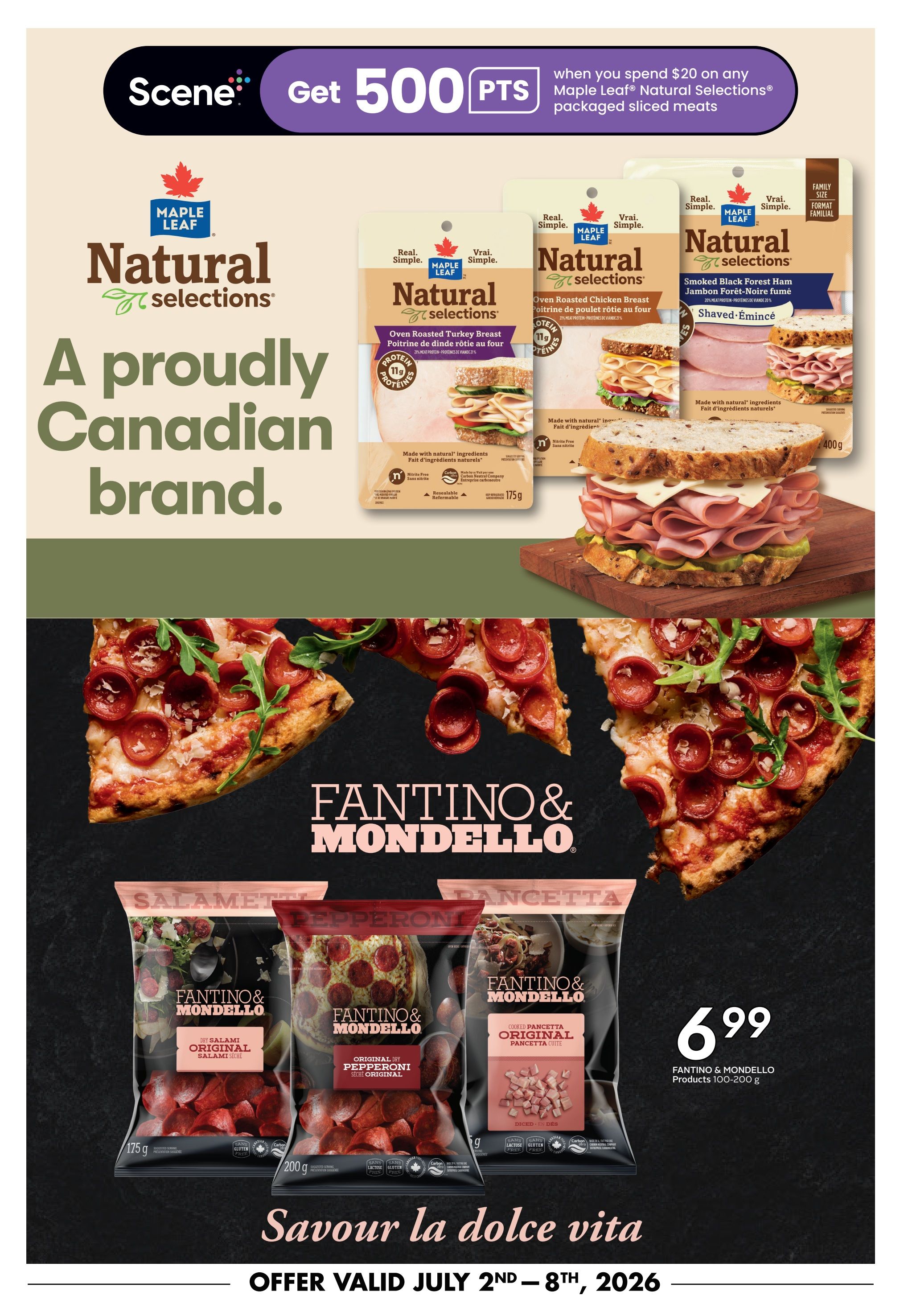 Sobeys flyer page featuring Maple Leaf Natural Selections packaged sliced meats and Fantino & Mondello products. Get 500 Scene+ points when you spend $20 on any Maple Leaf Natural Selections packaged sliced meats. Featured Maple Leaf Natural Selections include Oven Roasted Turkey Breast and Smoked Black Forest Ham, Shaved. Also shown are Fantino & Mondello Original Salami, Original Pepperoni, and Cooked Pancetta, with prices starting at $6.99 for products 100-200g. The offer is valid July 2nd - 8th, 2026.