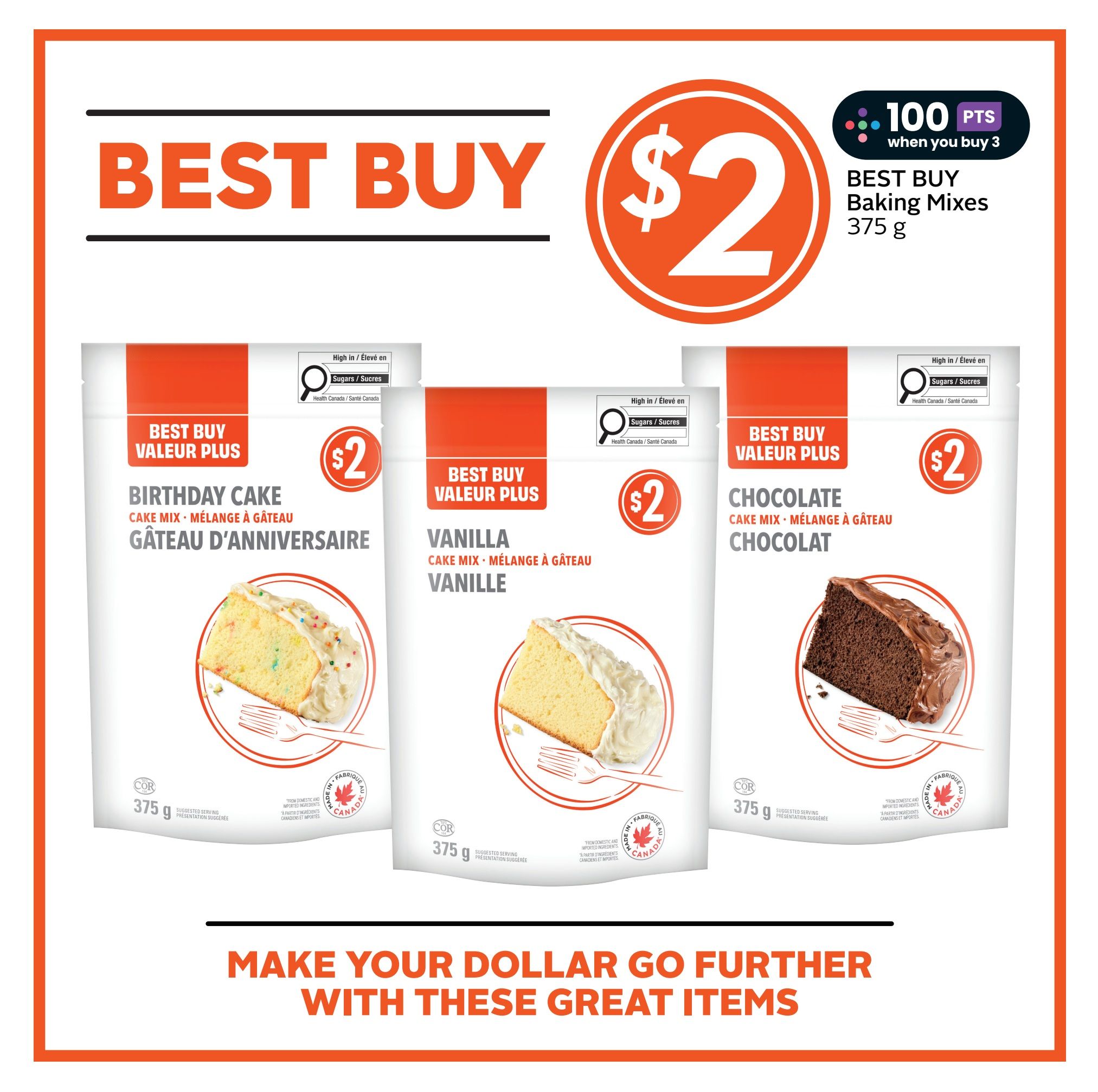 Sobeys weekly flyer specials page 14 features Best Buy Baking Mixes for $2 each when you buy 3, earning 100 points. Available flavours include Birthday Cake, Vanilla, and Chocolate, each in a 375 g package. The page also has a promotional banner stating 'Make Your Dollar Go Further With These Great Items.