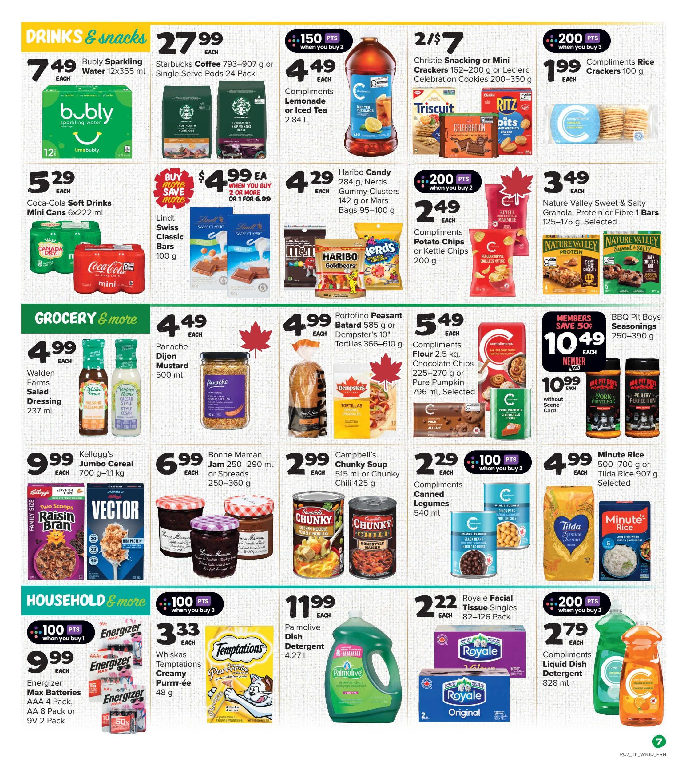 Thrifty Foods weekly flyer specials page 8 features drinks and snacks including Bubly Sparkling Water at $7.49, Starbucks Coffee pods for $4.49 when you buy 2, Christie Snacking or Mini Crackers for 2 for $7, and Compliments Rice Crackers for $1.99 when you buy 3. Also available are Coca-Cola Soft Drinks mini cans for $5.29, Lindt Swiss Classic Bars for $4.99, Haribo Candy or Nerds Gummy Clusters for $4.29, and Compliments Potato Chips or Kettle Chips for $2.49 when you buy 2. In the Grocery & More section, find Walden Farms Salad Dressing for $4.99, Panache Dijon Mustard for $4.49, Portofino Peasant Batard or Dempster's Tortillas for $4.99, and Compliments Flour, Chocolate Chips or Pure Pumpkin for $5.49. Kellogg's Jumbo Cereal is $9.99, Bonne Maman Jam or Spreads are $6.99, Campbell's Chunky Soup is $2.99, and Compliments Canned Legumes are $2.29. Nature Valley Sweet & Salty Granola Bars are $3.49, and BBQ Pit Boys Seasonings are on sale for $10.49 with members saving 50 cents, or $10.99 without. In Household & More, Energizer Max Batteries are $9.99 when you buy 1, Whiskas Temptations Cat Treats are $3.33, Palmolive Dish Detergent is $11.99, Royale Facial Tissue Singles are $2.22, and Compliments Liquid Dish Detergent is $2.79 when you buy 2.