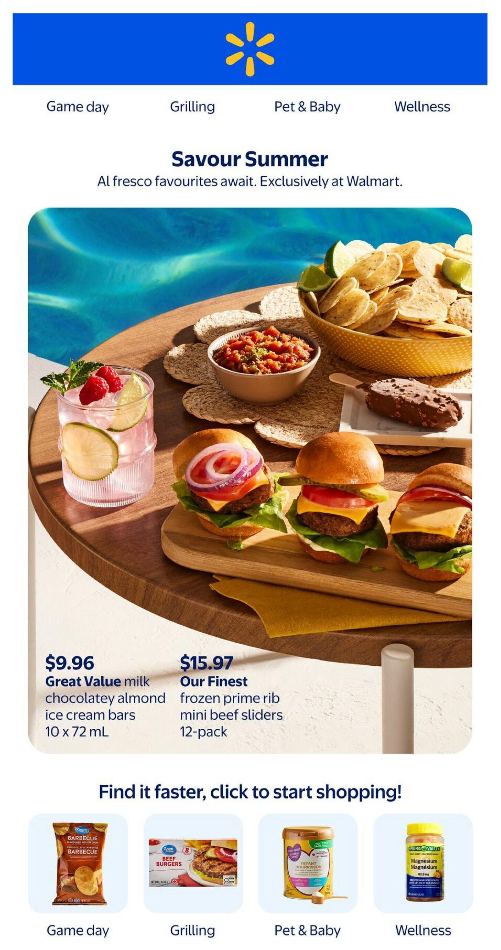 Walmart Canada Savour Summer flyer page featuring al fresco favourites. Pictured are mini beef sliders for $15.97 and Great Value milk chocolatey almond ice cream bars for $9.96. Below, find shopping categories: Game day, Grilling, Pet & Baby, and Wellness.