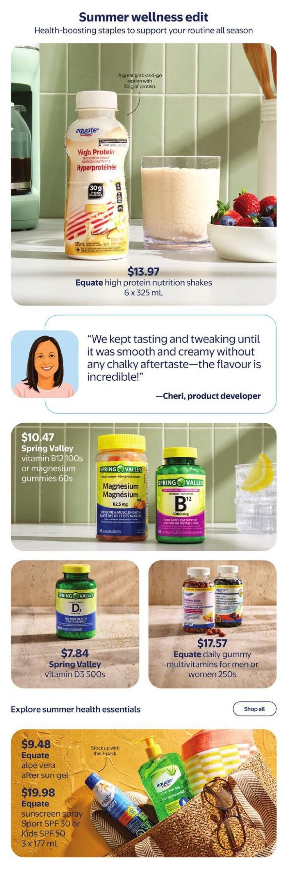 Walmart Canada flyer page 8, featuring a summer wellness edit. Includes Equate high protein nutrition shakes, 6 x 325 mL for $13.97. Also features Spring Valley Vitamin B12 100s or magnesium gummies 60s for $10.47, Spring Valley Vitamin D3 500s for $7.84, and Equate daily gummy multivitamins for men or women 250s for $17.57. Additional summer health essentials include Equate aloe vera after sun gel for $9.48 and Equate sunscreen spray Sport SPF 30 or Kids SPF 50, 3 x 177 mL for $19.98. A product developer testimonial is also included.