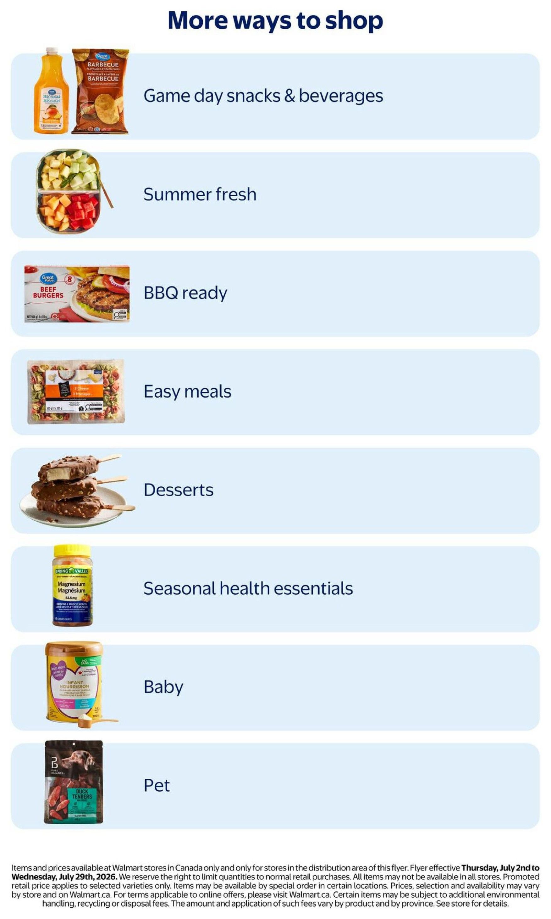 Walmart Canada flyer page 10, 'More ways to shop' section featuring categories like Game day snacks & beverages with juice and barbecue potato chips, Summer fresh with a fruit salad container, BBQ ready with Great Value Beef Burgers, Easy meals with Spring Valley pasta, Desserts with chocolate-covered ice cream bars, Seasonal health essentials with Spring Valley Magnesium, Baby with a container of infant formula, and Pet with B. Pure & Balanced Duck Tenders. The flyer is effective from Thursday, July 2nd to Wednesday, July 29th, 2026.