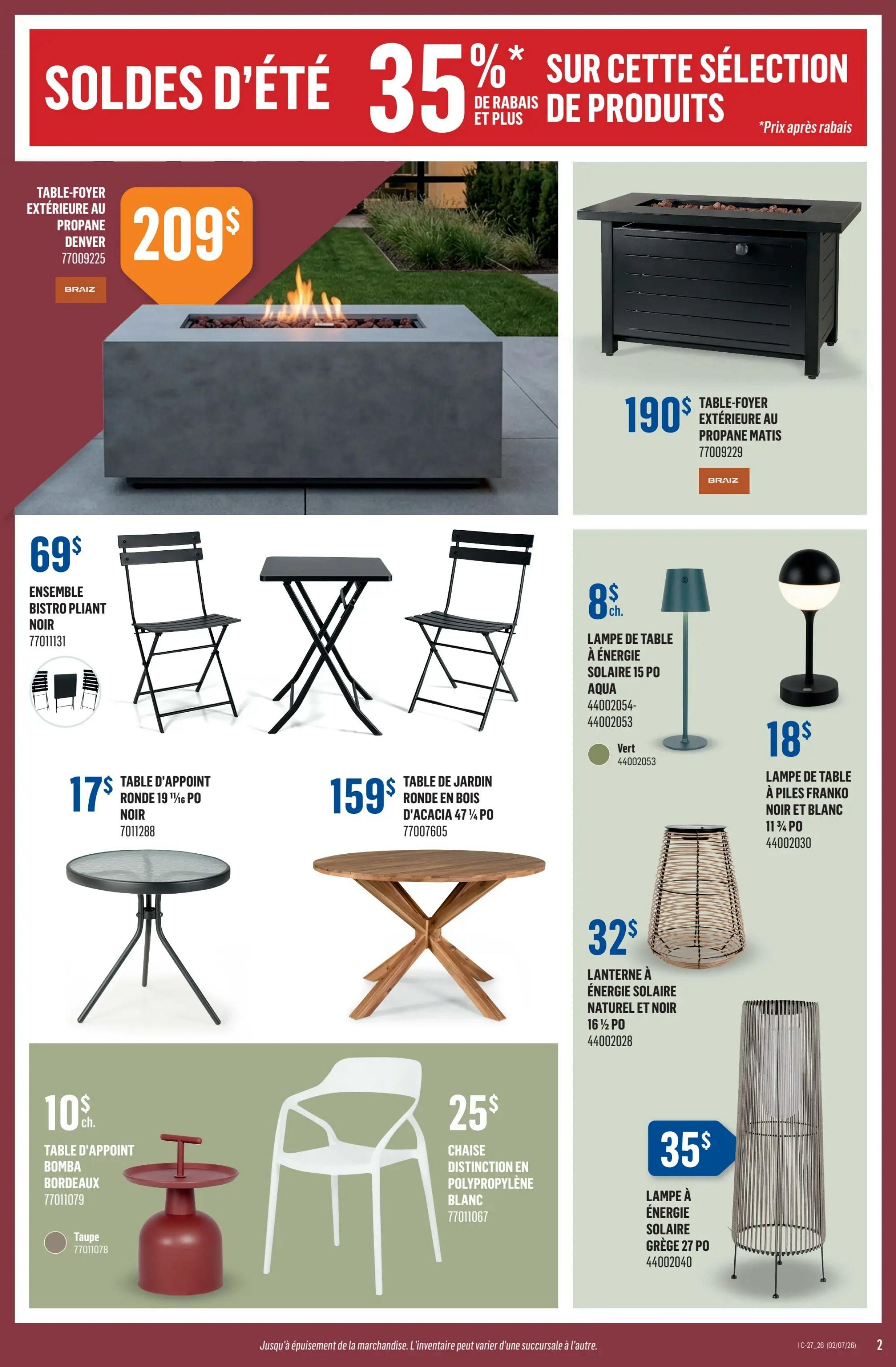 Canac Weekly Flyer Specials, Page 2. Featuring a 'Summer Sale' with 35% off select products. Highlighted items include a propane outdoor fire table Denver for $209, a propane outdoor fire table Mathis for $190, and a bistro folding set for $69. Also available are a round accent table in black for $17, a round acacia garden table for $159, a solar table lamp in aqua for $8, a Franko battery table lamp in black and white for $18, a Bomba accent table in Bordeaux for $10, a white polypropylene Distinction chair for $25, a natural and black solar lantern for $32, and a grey solar floor lamp for $35.