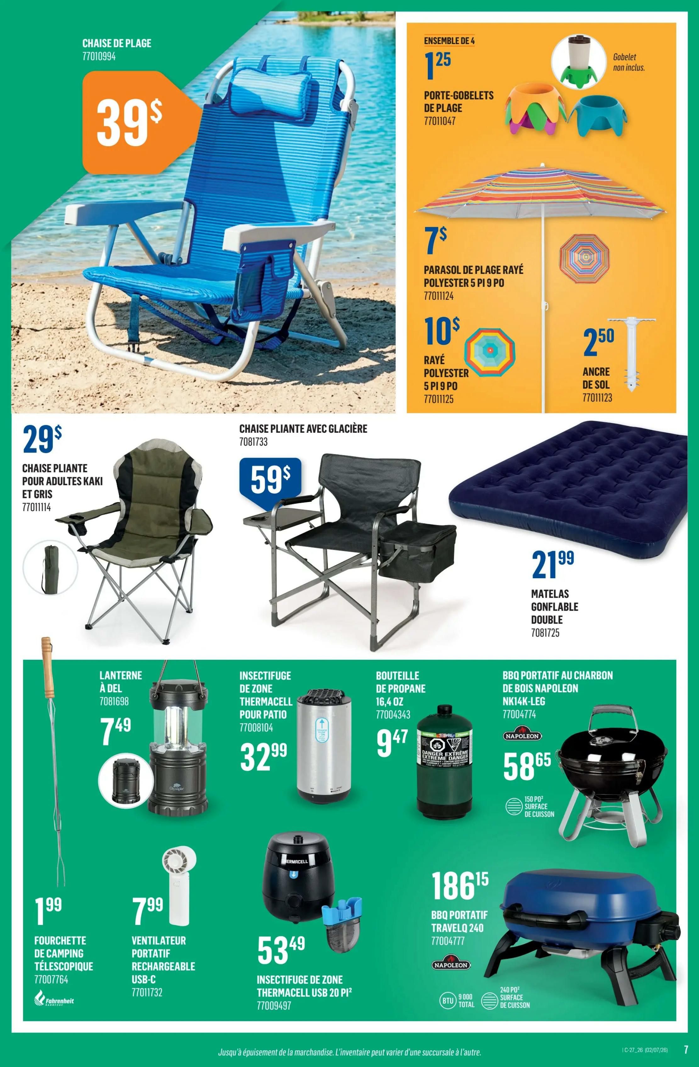 Canac weekly flyer specials page 7 features a blue striped beach chair for $39. Also available are a 4-pack of beach cup holders for $1.25, a striped beach umbrella for $7, a 5-foot polyester umbrella for $10, and a sand anchor for $2.50. A khaki and grey folding chair for adults is priced at $29. A folding chair with a cooler is $59. A double inflatable mattress is $21.99. Other items include a telescopic camping fork for $1.99, a portable rechargeable USB-C fan for $7.99, a lantern for $7.49, a Thermacell patio insect repeller for $32.99, a 16.4 oz propane tank for $9.47, a Thermacell USB 20 PI zone insect repeller for $53.49, a Napoleon charcoal portable BBQ for $58.65, and a portable TravelQ 240 BBQ for $186.15.