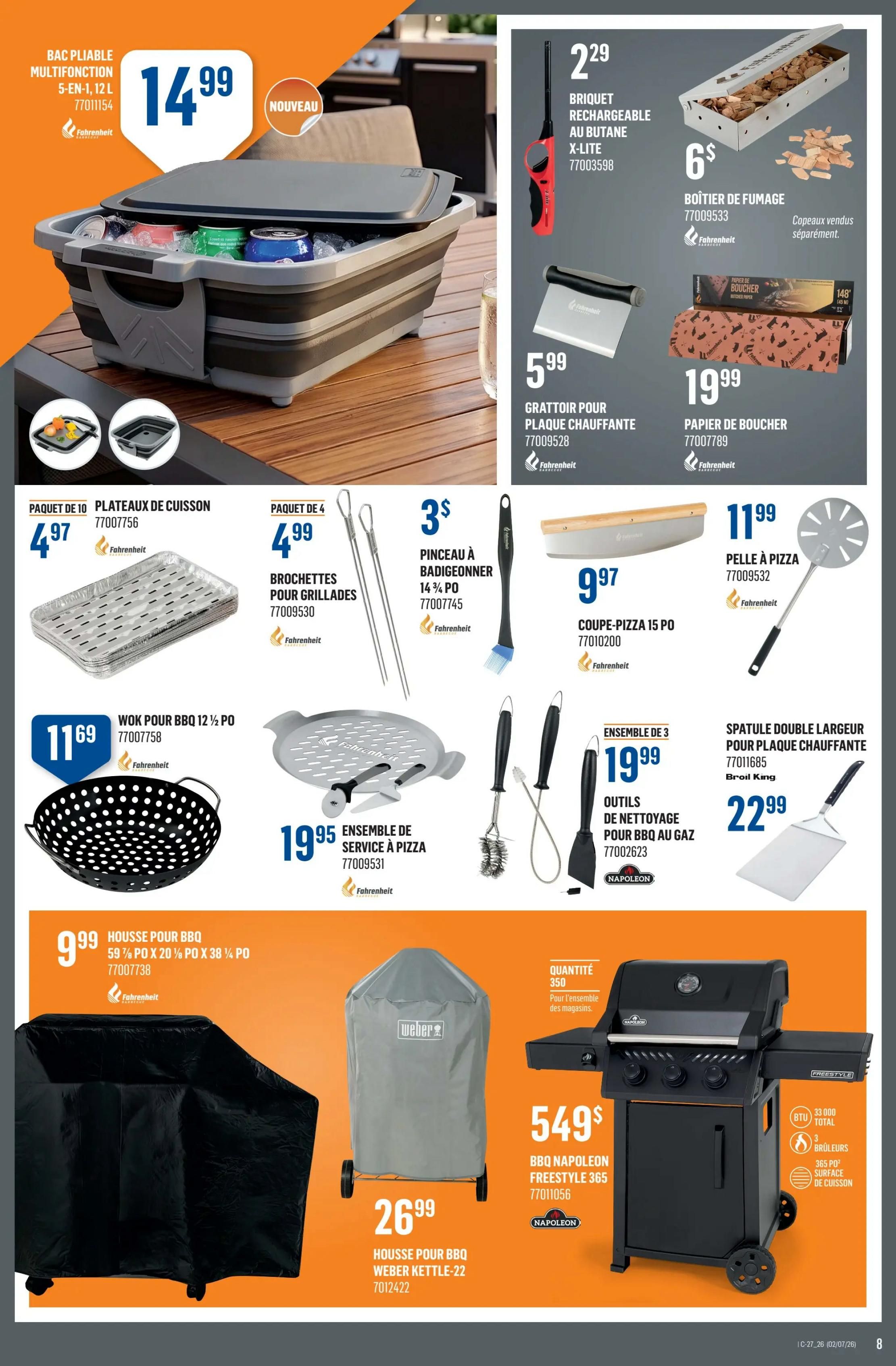 Canac Weekly Flyer Specials Page 8: Features a new foldable multi-function 5-in-1, 12 L bin for $14.99. Also available are a 2-pack of rechargeable X-Lite butane lighters for $2.29, a smoking box for $6, and butcher paper for $19.99. Other BBQ accessories include a 10-pack of cooking plates for $4.97, a 4-pack of grill skewers for $4.99, a 14 3/4 inch basting brush for $3, a 15-inch pizza cutter for $9.97, a 12 1/2 inch wok for $11.69, a pizza serving set for $19.95, a pizza peel for $11.99, a 3-piece BBQ gas cleaning tool set for $19.99, and a large double spatula for $22.99. Protect your grill with a 59 3/4' x 20 1/2' x 38 1/4' BBQ cover for $9.99 or a Weber Kettle 22 BBQ cover for $26.99. The page also highlights the Napoleon Freestyle 365 BBQ for $549, featuring 33,000 BTU total, 3 burners, and 365 sq. in. cooking surface.
