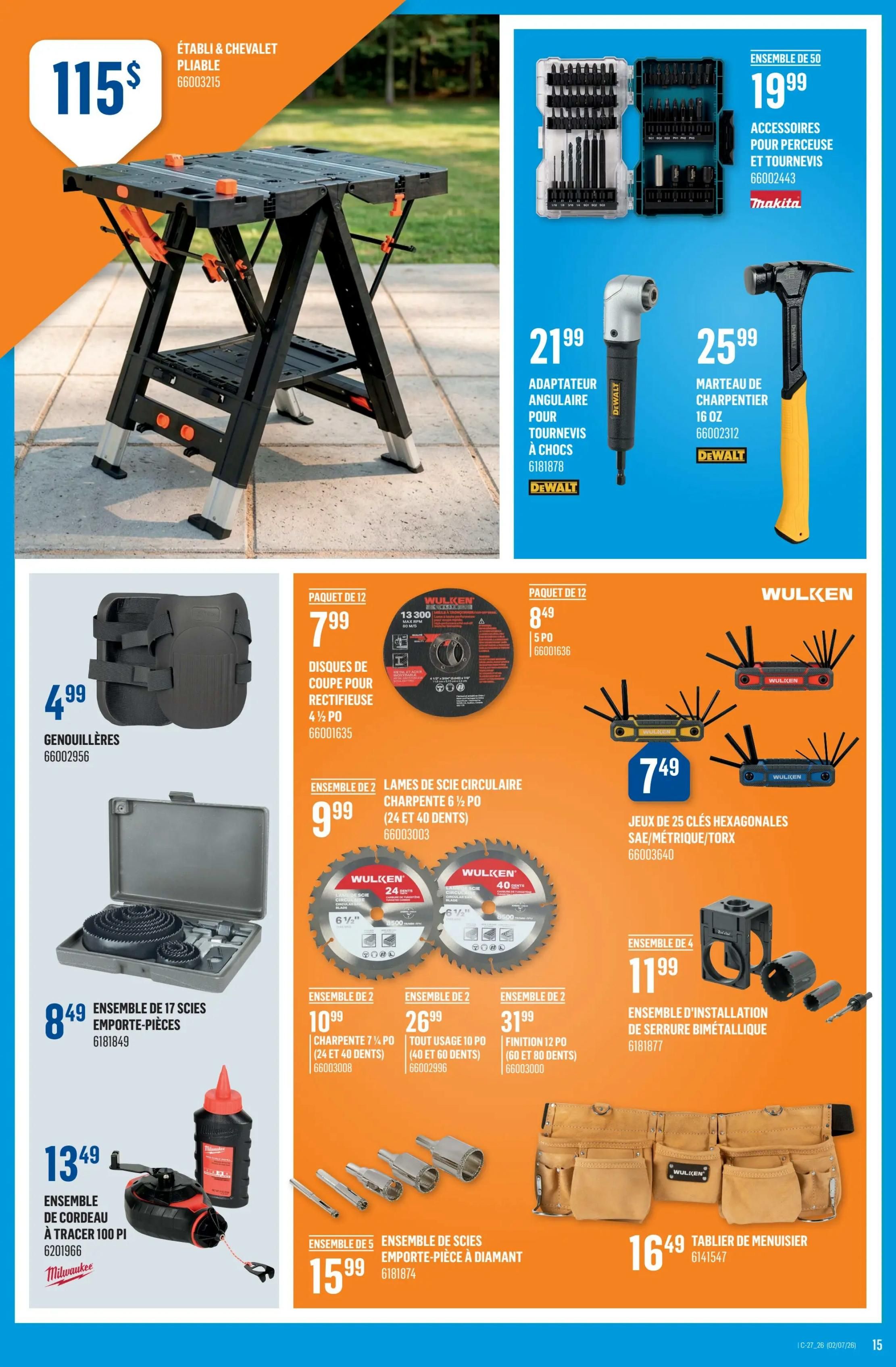 Canac flyer page 15 features a folding workbench and saw set for $115. Also available are a 50-piece Makita drill and screwdriver accessory set for $19.99, a DeWalt right-angle impact driver adapter for $21.99, and a 16 oz DeWalt claw hammer for $25.99. Other deals include WULKEN 4 1/2 inch circular saw blades in a 12-pack for $7.99, a 5-piece set of WULKEN hex keys for $7.49, and a WULKEN bimetallic lock installation set for $11.99. Additional items include GENOUILLÈRES knee pads for $4.99, a WULKEN 17-piece hole saw set for $8.49, a Milwaukee 100 ft chalk line reel set for $13.49, WULKEN 7 1/4 inch circular saw blades in packs of 2 for $10.99 and $26.99, and WULKEN 12-inch circular saw blades in packs of 2 for $31.99. A WULKEN 5-piece diamond hole saw set is priced at $15.99, and a WULKEN carpenter's tool belt is $16.49.
