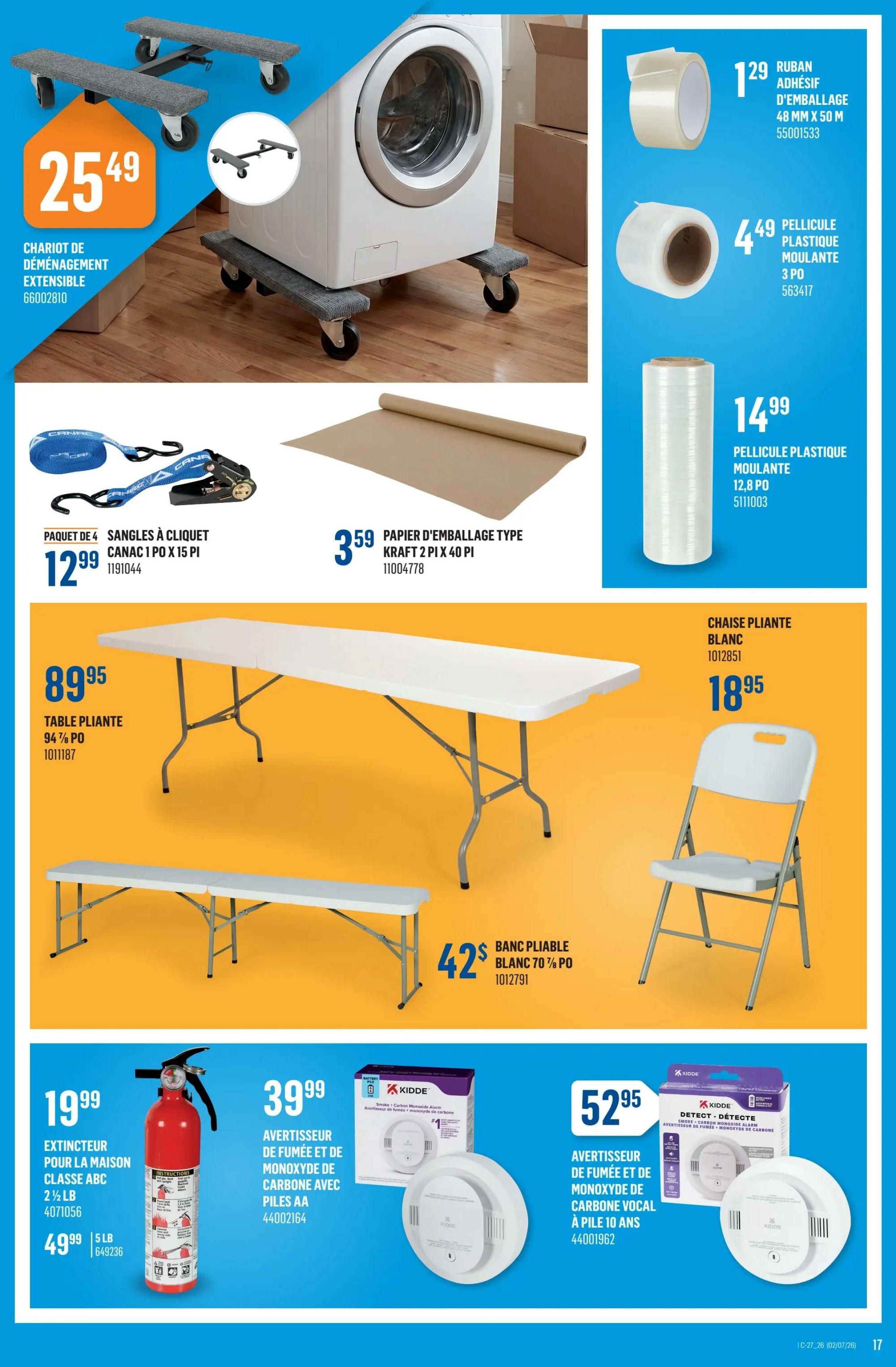 Canac weekly flyer specials page 17 features an extendable furniture dolly for $25.49, a 4-pack of Canac ratchet tie-down straps for $12.99, and Kraft type packing paper for $3.59. Also available are rolls of packing tape for $1.29, 3-pack of stretch wrap for $4.49, and 12.8 ft stretch wrap for $14.99. The page highlights a 94-inch folding table for $89.95 and a folding bench for $42.95. Additionally, there is a 2.5 lb Class ABC home fire extinguisher for $19.99, a 5 lb fire extinguisher for $49.99, a Kidde smoke and carbon monoxide alarm with AA batteries for $39.99, and a Kidde voice smoke and carbon monoxide alarm with a 10-year battery for $52.95.