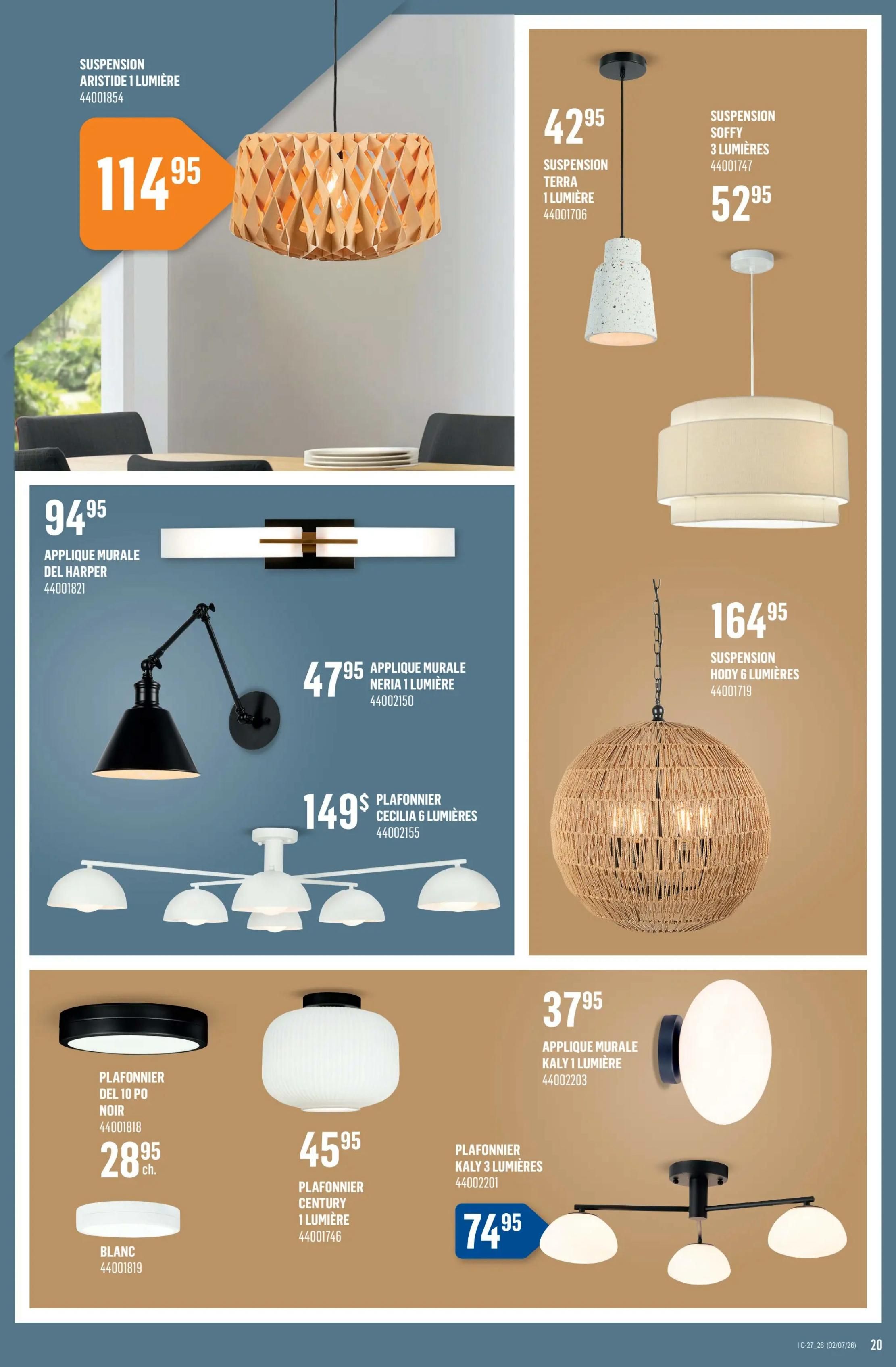 Canac weekly flyer specials page 20 features a variety of lighting fixtures. A large Aristide 1-light suspension pendant is priced at $114.95. On the right side, a Terra 1-light suspension pendant is $42.95, and a Sofy 3-light suspension pendant is $52.95. Below these, a Hody 6-light suspension pendant is $164.95. The left side showcases a Del Harper wall applique priced at $94.95, and a Neria 1-light wall applique for $47.95. A Cecilia 6-light ceiling fixture is available for $149.00. At the bottom, a Del 10 PO black ceiling fixture is $28.95 per piece, with a white option for $44.00. A Century 1-light ceiling fixture is $45.95. Finally, a KALY 3-light ceiling fixture is $74.95, and a KALY 1-light wall applique is $37.95.
