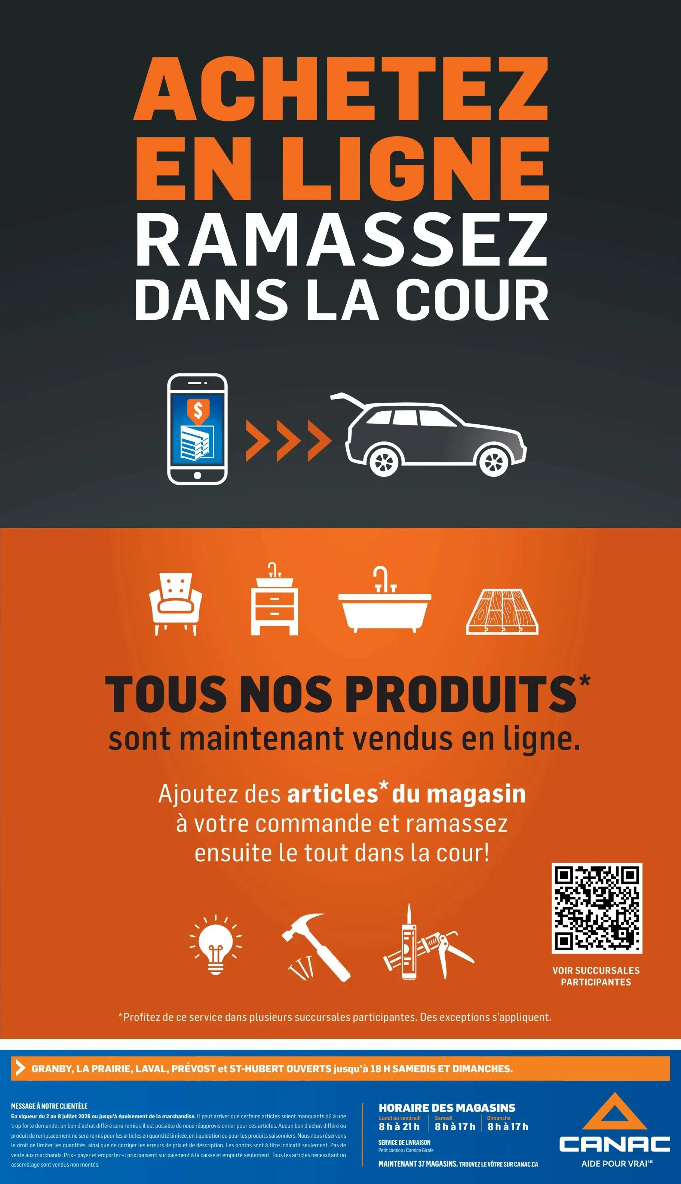 Canac flyer page 24: Buy online, pick up in store. This page highlights Canac's 'Buy Online, Pick Up In Store' service. It features icons representing furniture, bathroom fixtures, and flooring, indicating that 'All our products are now sold online.' The text 'Add items from the store to your order and then pick up everything in the car!' explains the process. Below, icons depict a lightbulb, a hammer, and a caulking gun, symbolizing DIY and home improvement. A QR code is provided to 'See participating stores.' The page also notes that Granby, La Prairie, Laval, Prévost, and St-Hubert locations are open until 6 PM on Saturdays and Sundays. Store hours are listed: Monday to Friday, 8 AM to 9 PM; Saturday, 8 AM to 5 PM; and Sunday, 8 AM to 5 PM. Delivery service is available for small packages and large items. 'Maintain 37 stores, visit your store at CANAC.CA' is also displayed.