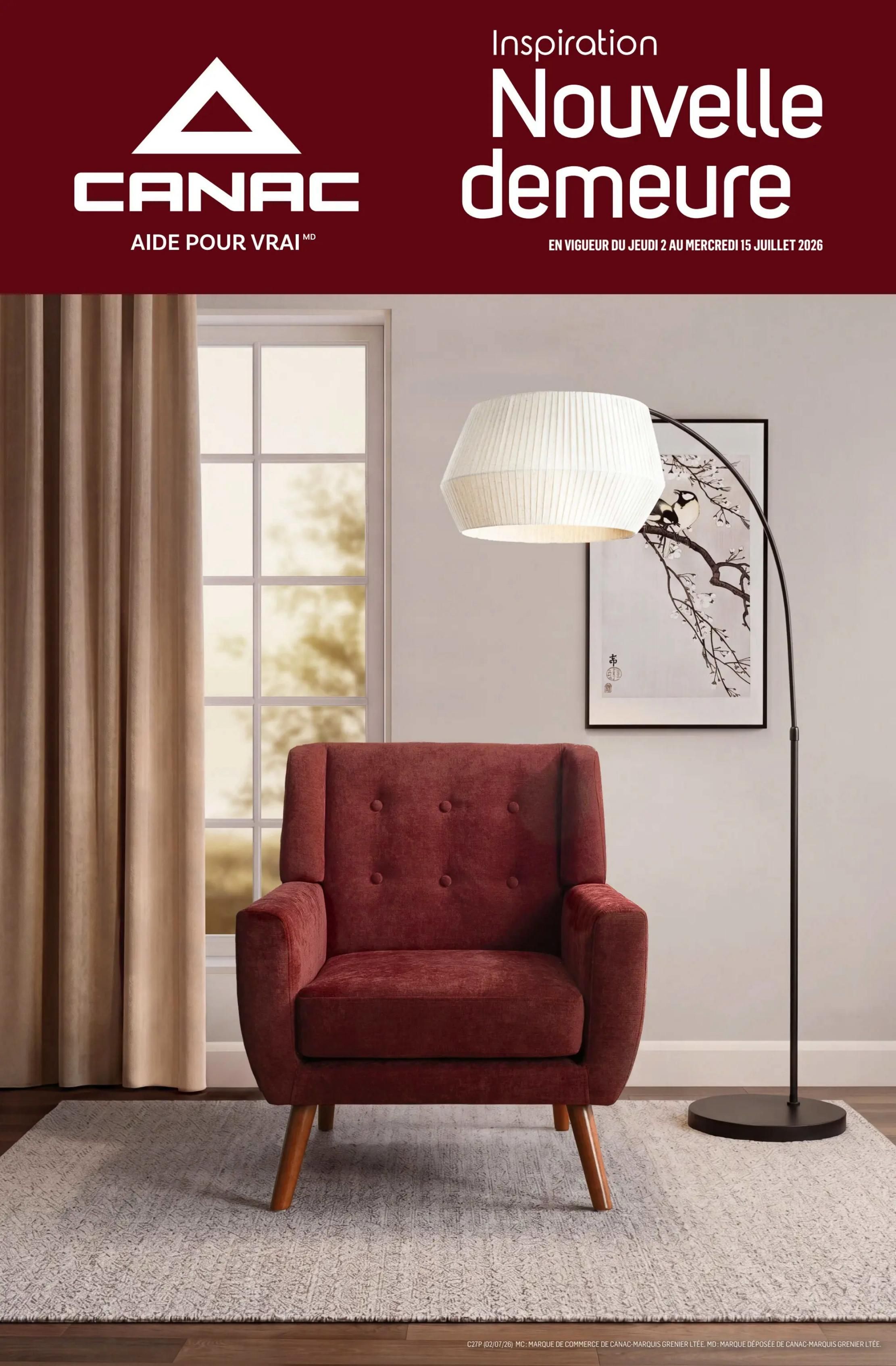Canac flyer page 25 features home inspiration with the title 'Nouvelle demeure' (New Dwelling), valid from Thursday, July 2nd to Wednesday, July 15th, 2026. The page showcases a stylish living room scene with a deep red upholstered armchair with wooden legs, a textured area rug, and a tall arc floor lamp with a white shade. A framed artwork depicting birds on a branch hangs on the wall behind the lamp. The image highlights home decor inspiration.