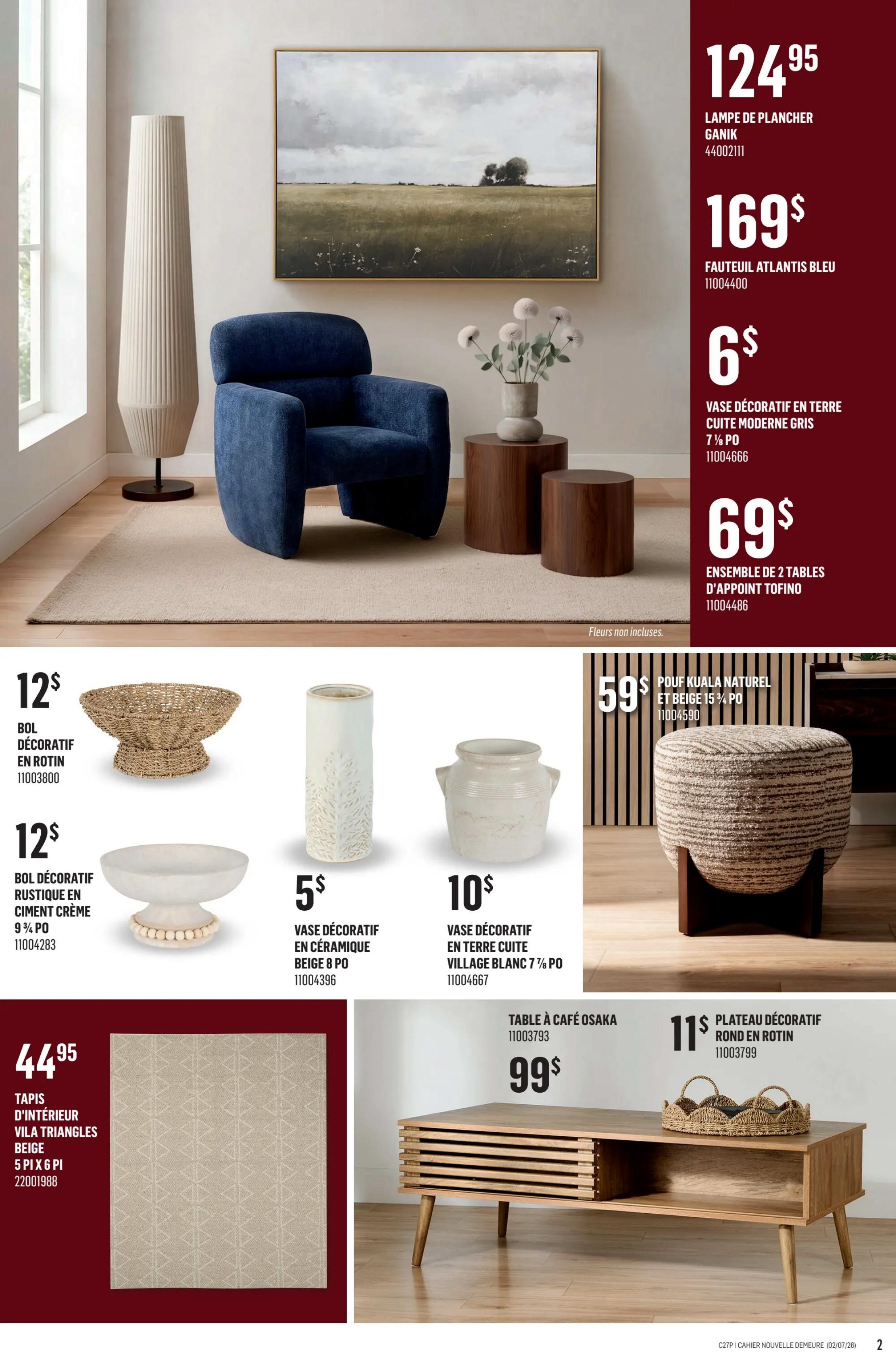 Canac weekly flyer specials page 26 features home decor items. Top section includes a Ganik floor lamp for $124.95, an Atlantis blue armchair for $169, a grey modern earthenware vase for $6, and a set of 2 Tofino accent tables for $69. The bottom section showcases a woven rattan decorative bowl for $12, a rustic cream cement decorative bowl for $12, a beige ceramic decorative vase for $5, a white earthenware vase for $10, a beige Vila Triangles indoor rug (5'x6') for $44.95, a natural and beige Kuala pouf for $59, an Osaka coffee table for $99, and a round rattan decorative tray for $11.