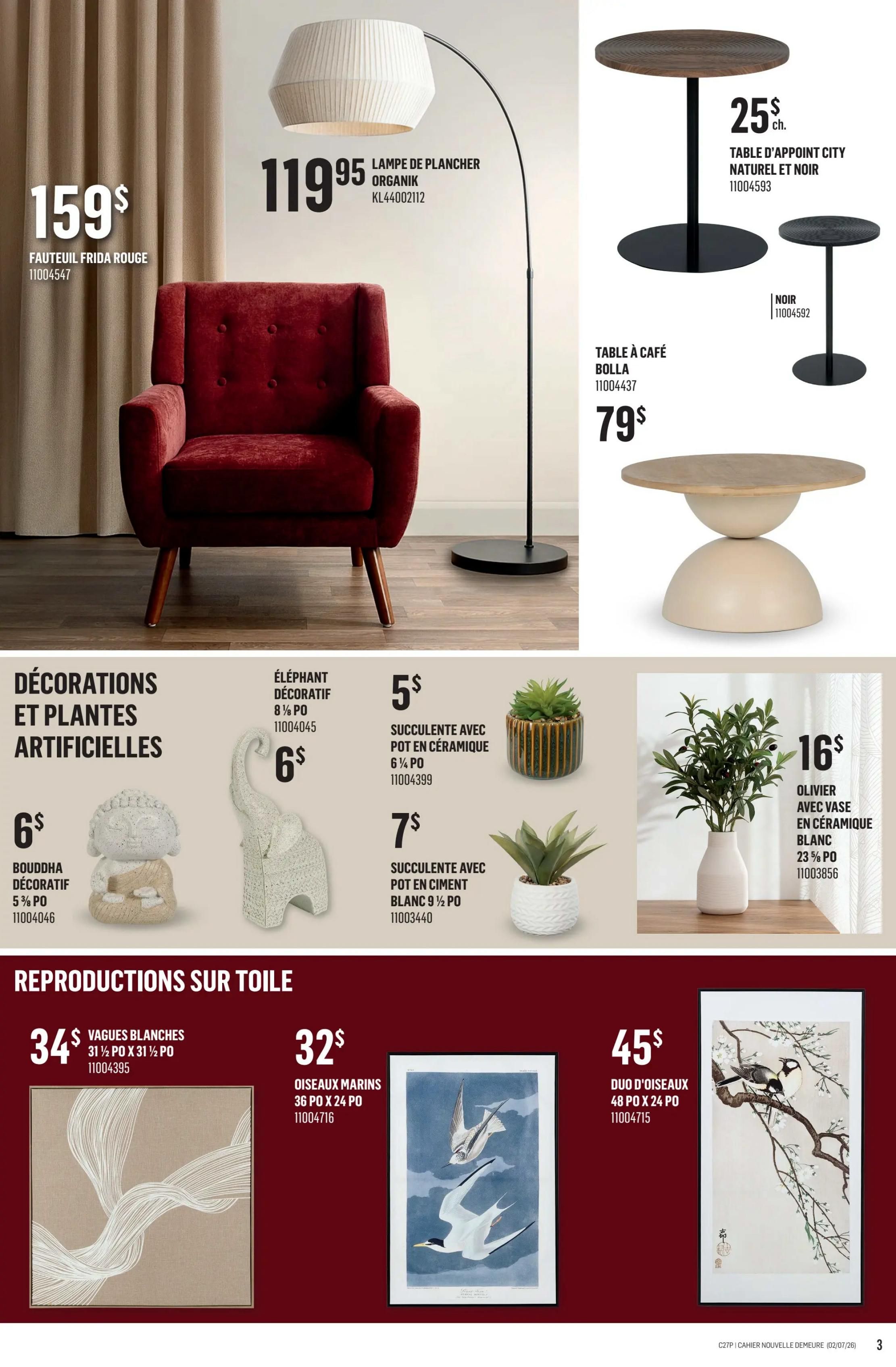 Canac weekly flyer specials page 27 features a large red Frida armchair for $159.95. An Organik floor lamp is priced at $119.95. Small accent tables are available: a City accent table in natural and black for $25 and a Bolla coffee table for $79. Decorative items include a Buddha decoration for $6, a decorative elephant for $6, a succulent in a ceramic pot for $5, and another succulent in a white cement pot for $7. An Olivier with a white ceramic vase is $16. Reproductions on canvas include 'Vagues Blanches' (White Waves) measuring 31 1/2' x 31 1/2' for $34, 'Oiseaux Marins' (Seabirds) measuring 36' x 24' for $32, and 'Duo d'Oiseaux' (Bird Duo) measuring 48' x 24' for $45.