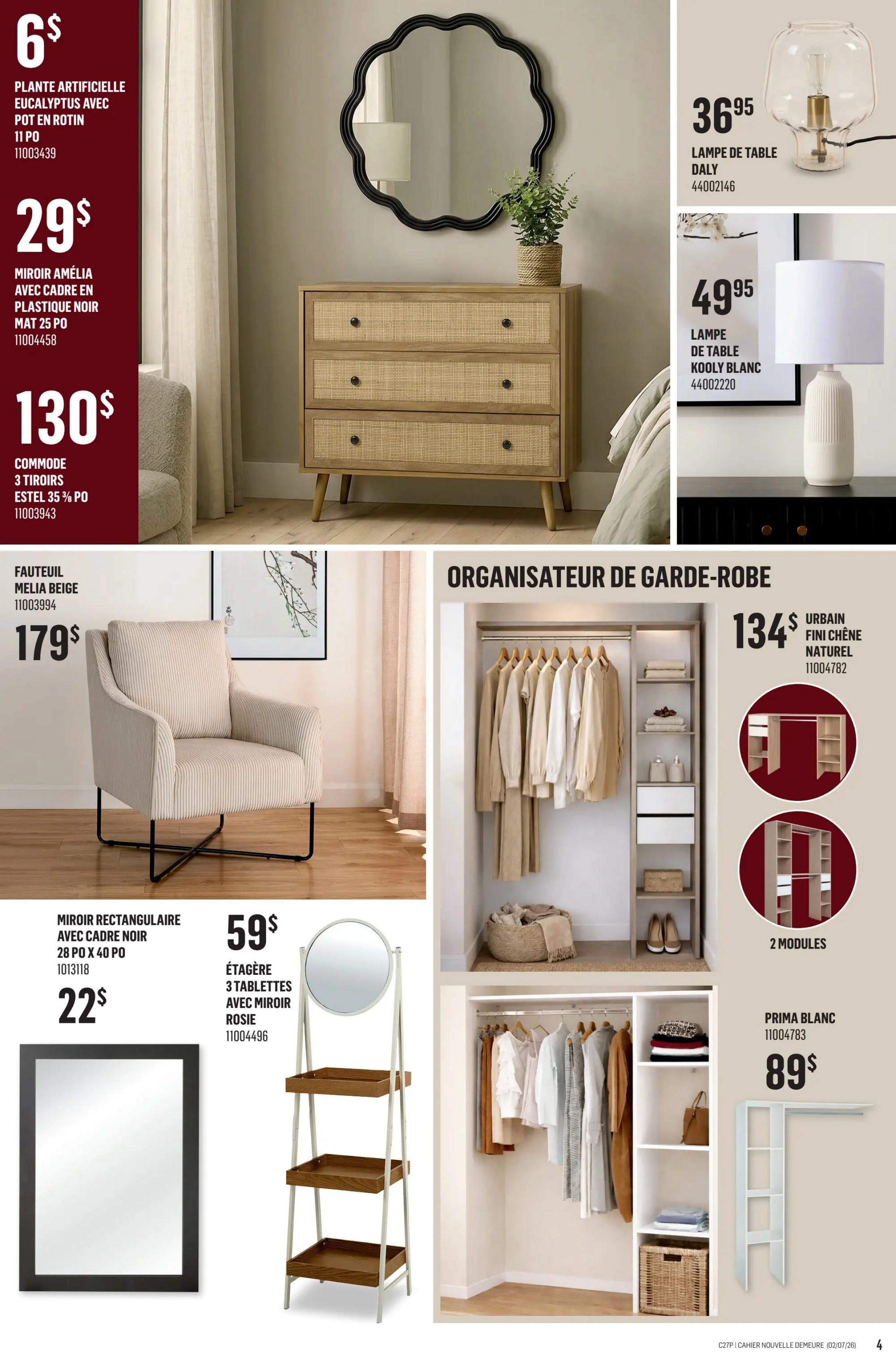 Canac weekly flyer specials page 28 features home decor and organization items. On the left, find an artificial eucalyptus plant in a rattan pot for $6, an Amelia mirror with a black plastic frame (25 inches) for $29, and an Estel 3-drawer dresser for $130. Also featured is the Melia beige armchair for $179, a rectangular mirror with a black frame (28 x 40 inches) for $22, and a Rosie shelving unit with 3 shelves and a mirror for $59. The right side showcases lighting options: the Daly table lamp for $36.95 and the Kooly white table lamp for $49.95. A wardrobe organizer system, Urbain in natural oak finish, is available for $134. Additionally, a Prima white closet organizer is priced at $89.
