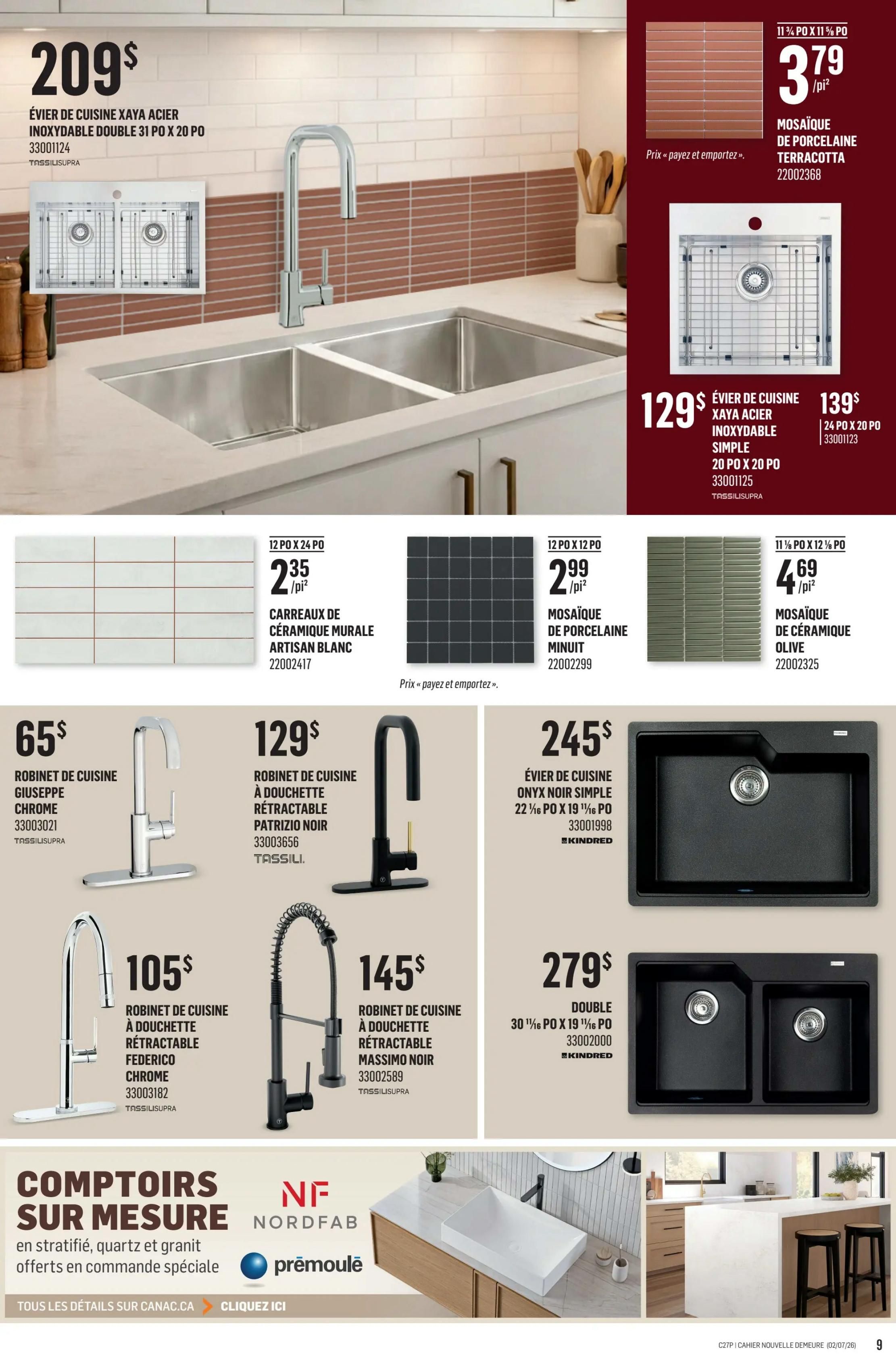 Canac weekly flyer specials page 33 features kitchen sinks and faucets. A large XAYA stainless steel double sink is $209. A smaller XAYA stainless steel single sink is $129, with a 24-inch by 20-inch option for $139. A Kindred double granite composite sink is $279. Various kitchen faucets are on sale: Giuseppe chrome faucet for $65, a black retractable faucet for $129, a Federico chrome retractable faucet for $105, and a Massimo black retractable faucet for $145. Tile options include 11 3/4-inch by 11 3/4-inch terracotta porcelain mosaic for $3.79/sq ft, 12-inch by 24-inch white artisan ceramic wall tiles for $2.35/sq ft, 12-inch by 12-inch midnight porcelain mosaic for $2.99/sq ft, and 11 3/4-inch by 11 3/4-inch olive ceramic mosaic for $4.69/sq ft. The page also advertises custom countertops in stratified, quartz, and granite, available for special order.