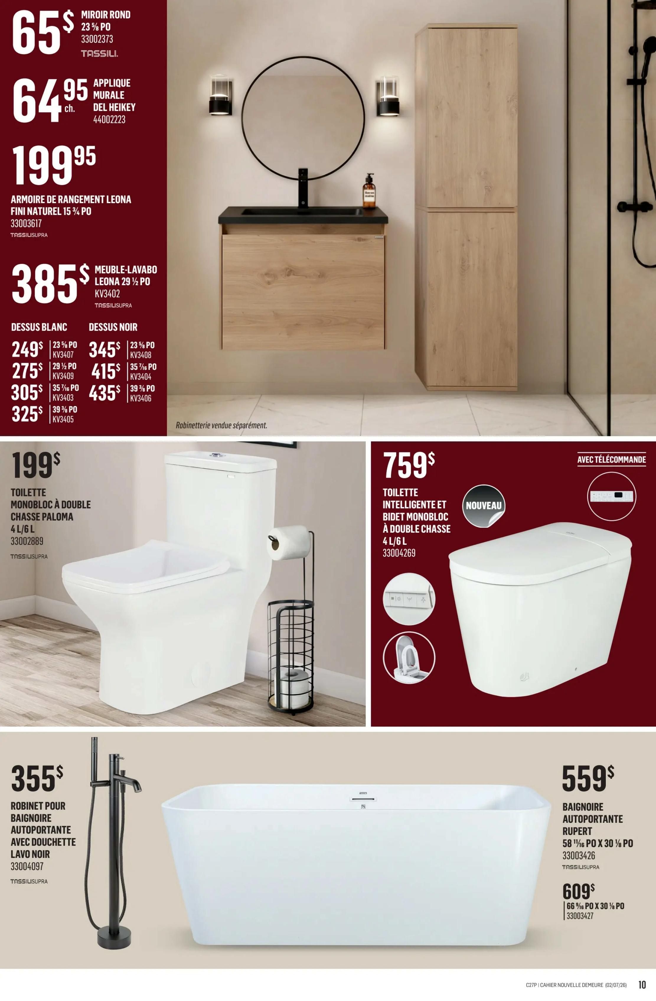 Canac weekly flyer specials page 34 features bathroom fixtures. Top section includes a Tassili round mirror for $65, a Del Heikey wall mount for $64.95, and a Leona 15 3/4 inch storage unit for $199.95. A Leona 29 1/2 inch vanity with sink is available in white top for $249, $275, $305, or $325, and in black top for $345, $415, or $435. The middle section showcases a Paloma one-piece dual-flush toilet for $199 and a new smart one-piece dual-flush toilet with remote for $759. The bottom section features a freestanding bathtub faucet with hand shower in black for $355, and two options for the Rupert freestanding bathtub: 58 1/8 inch x 30 1/2 inch for $559 and 66 7/8 inch x 30 1/2 inch for $609.
