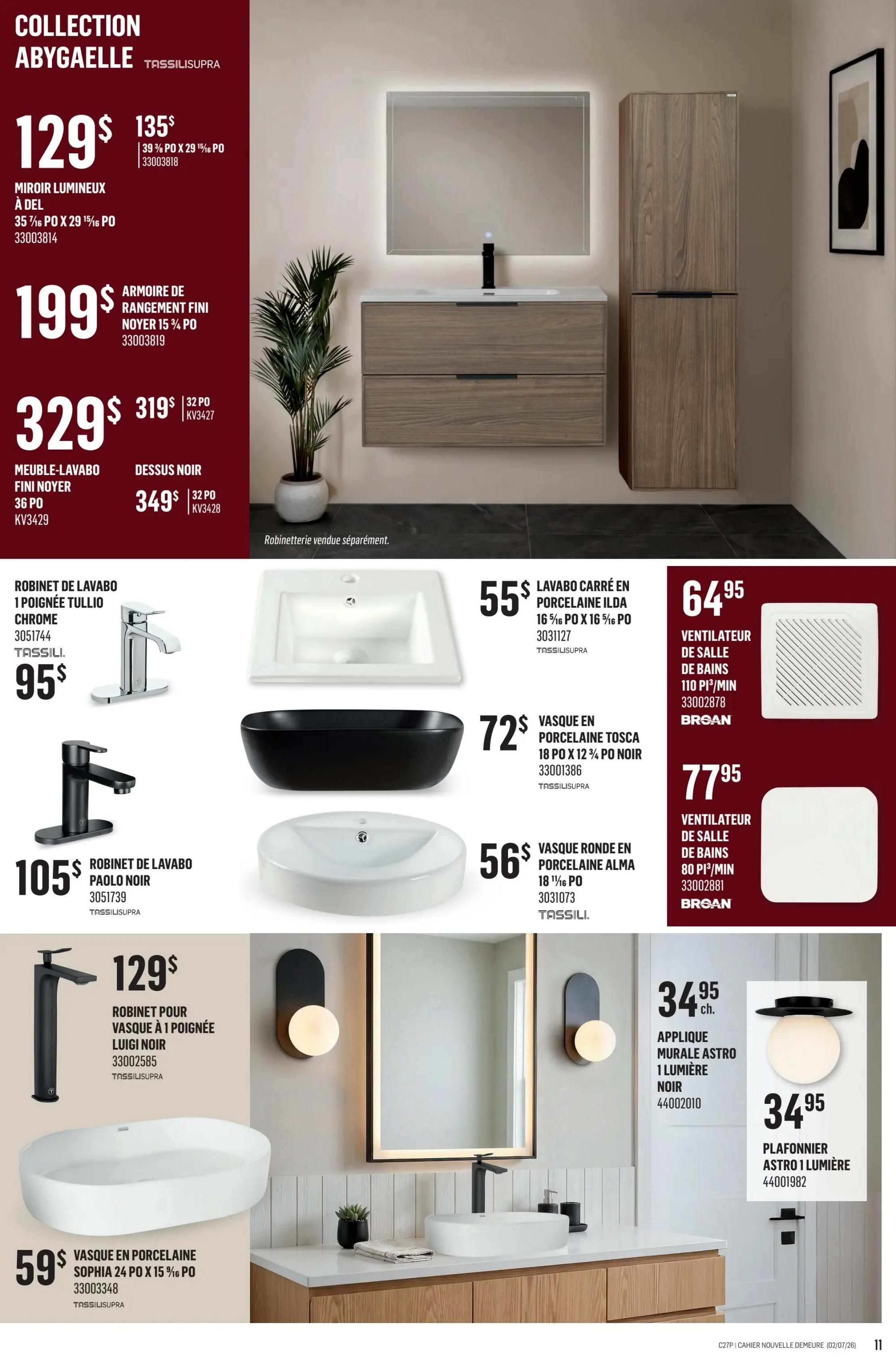 Canac weekly flyer specials page 35 features the Abygaelle Collection from Tassilisupra. Highlighted items include a luminous mirror for $129, a finished wood storage cabinet for $199, a 36-inch vanity base cabinet for $329, and a 32-inch black countertop for $319. Plumbing fixtures are also available: a TULLIO CHROME faucet for $95 and a PAOLO NOIR faucet for $105. Sinks include a white ILDA porcelain sink for $55, a black TOSCA porcelain sink for $72, and a white ALMA round porcelain sink for $56. Additional bathroom items include a 1-light ASTRO wall sconce in black for $34.95 and a 1-light ASTRO ceiling fixture for $34.95. Also featured are two bathroom exhaust fans: one with 110 PI/MIN airflow for $64.95 and another with 80 PI/MIN airflow for $77.95. A LUIGI NOIR single-handle faucet for $129 and a SOPHIA 24-inch porcelain sink for $59 are also displayed.