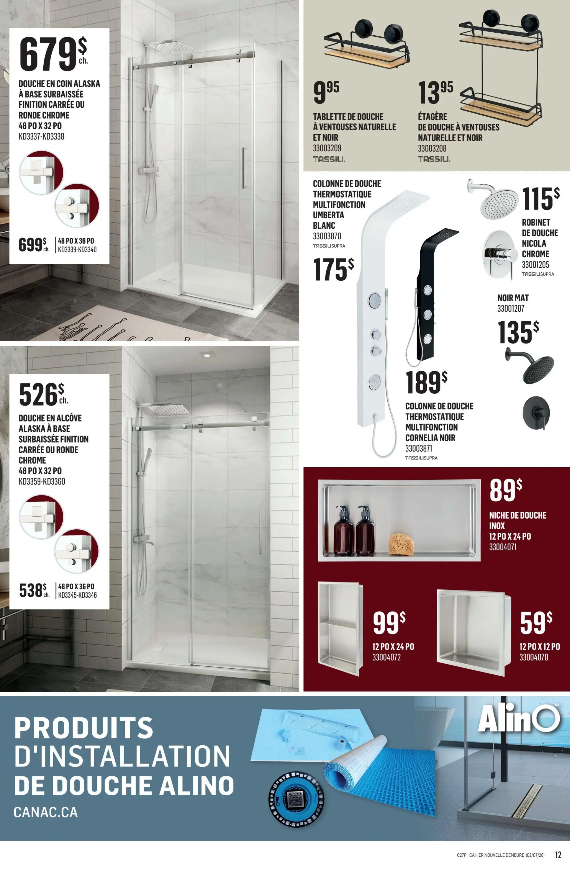 Canac weekly flyer specials, page 36. Features the Alaska corner shower base with square or round chrome finish, 48' x 32', for $679, and the 48' x 36' version for $699. Also available is the Alaska alcove shower base, 48' x 32', for $526, and the 48' x 36' version for $538. Bathroom accessories include a natural vent shower shelf for $9.95 and a natural vent shower etagere for $13.95. The Umberta thermostatic multifunction shower column in white is $175, and the Cornelia thermostatic multifunction shower column in black is $189. A Nicola chrome shower faucet is $115, and a matte black shower faucet is $135. Featured shower niches include a stainless steel 12' x 24' niche for $89, a 12' x 24' niche for $99, and a 12' x 12' niche for $59. The bottom section highlights Alino shower installation products.