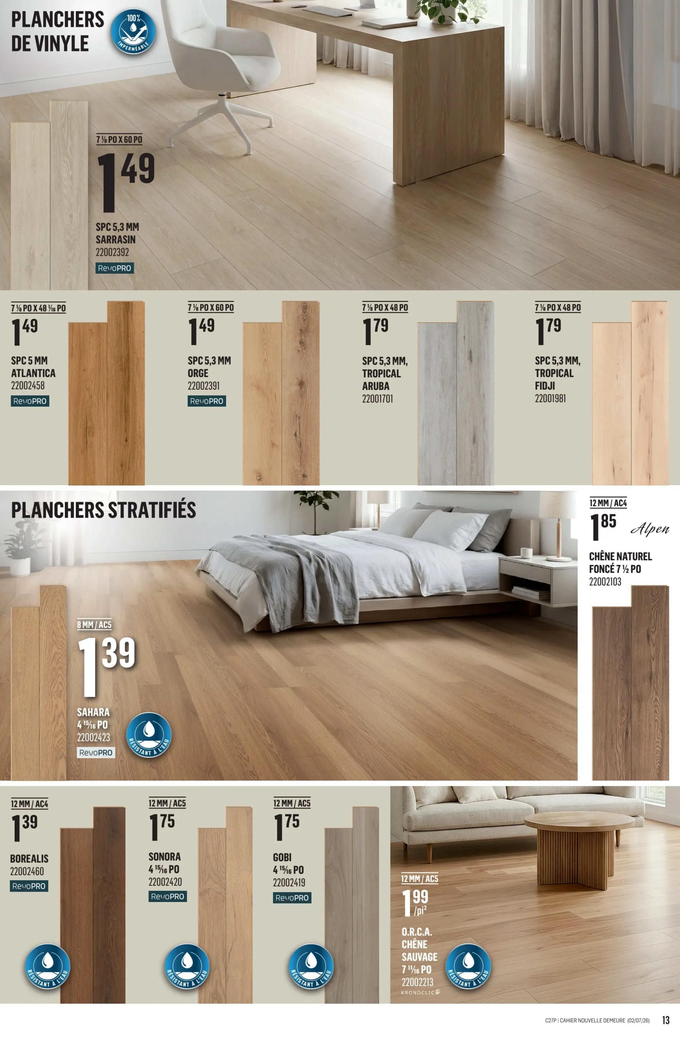 Canac weekly flyer specials page 37 features vinyl and laminate flooring. Top section showcases 7 1/2' x 60' SPC vinyl flooring in Sarrasin for $1.49 and SPC 5 MM Atlantica for $1.49. Also available are 7 1/2' x 48' SPC vinyl flooring in Tropical Aruba for $1.79 and Tropical Fiji for $1.79. The bottom section highlights laminate flooring: 8 MM/AC5 Sahara 4 15/16' PO for $1.39. Further options include 12 MM/AC4 Borealis for $1.39, 12 MM/AC5 Sonora 4 15/16' PO for $1.75, and Gobi 4 15/16' PO for $1.75. Additionally, there is 12 MM/AC5 O.R.C.A. Chêne Sauvage 7 11/16' PO Kronoclic for $1.99 per square foot. Many of these flooring options are water-resistant.