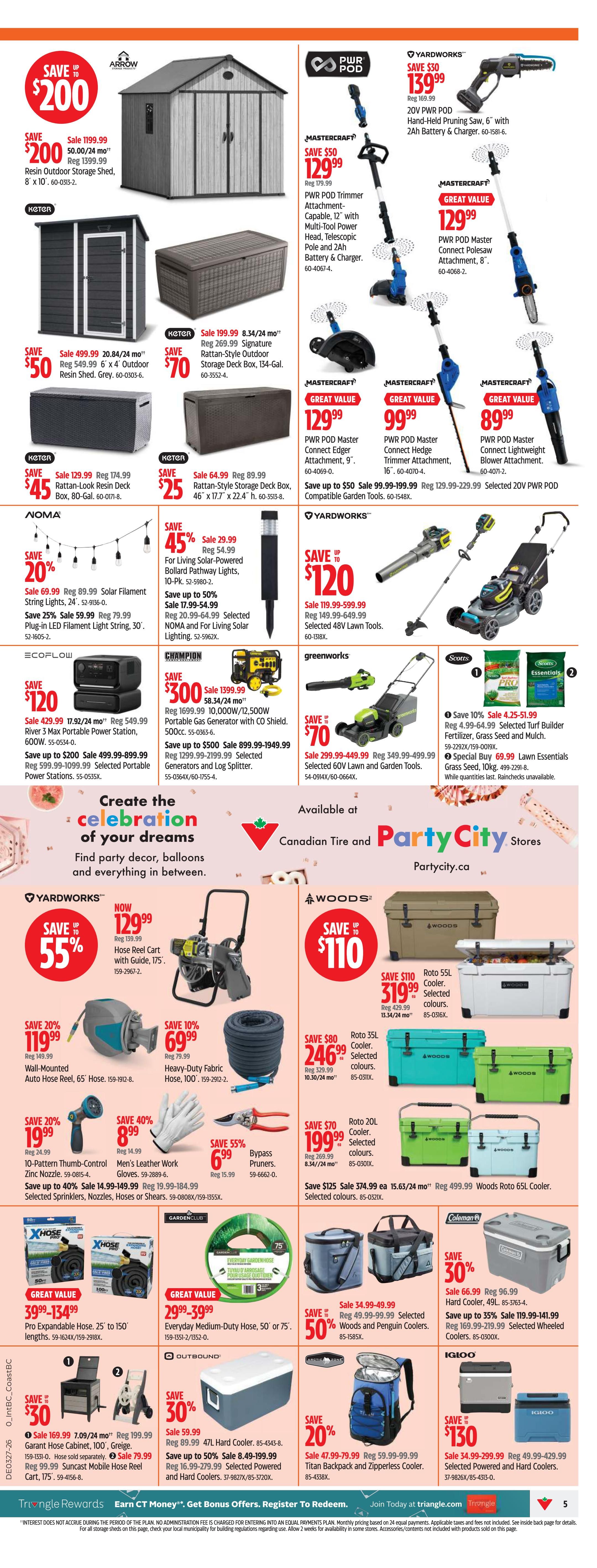 Canadian Tire Western Canada flyer page 5 features a variety of outdoor and home improvement items. Save up to $200 on a Resin Outdoor Storage Shed, 8' x 10', on sale for $159.99. Also featured is a Keter Resin Shed, 6' x 4', for $50, and a Keter Rattan-Style Outdoor Storage Deck Box for $70. Power tools include the Mastercraft PWR POD Trimmer Attachment for $129.99, the Mastercraft PWR POD Master Connect Polesaw Attachment for $129.99, and the Mastercraft PWR POD Master Connect Hedge Trimmer Attachment for $99.99. Yardworks offers a 20V PWR POD Hand-Held Pruning Saw for $139.99 and a 48V Lawn Tool selection starting at $119.99. Greenworks 60V Lawn and Garden Tools are on sale starting at $299.99, with savings up to $70. Noma Solar Filament String Lights are 20% off, selling for $69.99, and plug-in LED Filament String Lights are $59.99. Champion offers a 10,000W/12,500W Portable Gas Generator with CO Shield for $1399.99, saving $300. Outbound offers a 47L Hard Cooler for $59.99 and selected portable power stations starting at $499.99. Woods offers Roto 55L Coolers for $319.99, Roto 35L Coolers for $246.99, and Roto 20L Coolers for $199.99. Coleman offers a 49L Hard Cooler for $66.99 and selected wheeled coolers starting at $119.99. Igloo offers selected powered and hard coolers for $130. Other featured items include a Yardworks Hose Reel Cart for $129.99, a Yardworks Heavy-Duty Fabric Hose for $69.99, and a Yardworks Bypass Pruners for $6.99. Scotts Turf Builder Fertilizer and Lawn Essentials Grass Seed are also available. Create the celebration of your dreams with party decor, balloons and more, available at Canadian Tire and Party City.