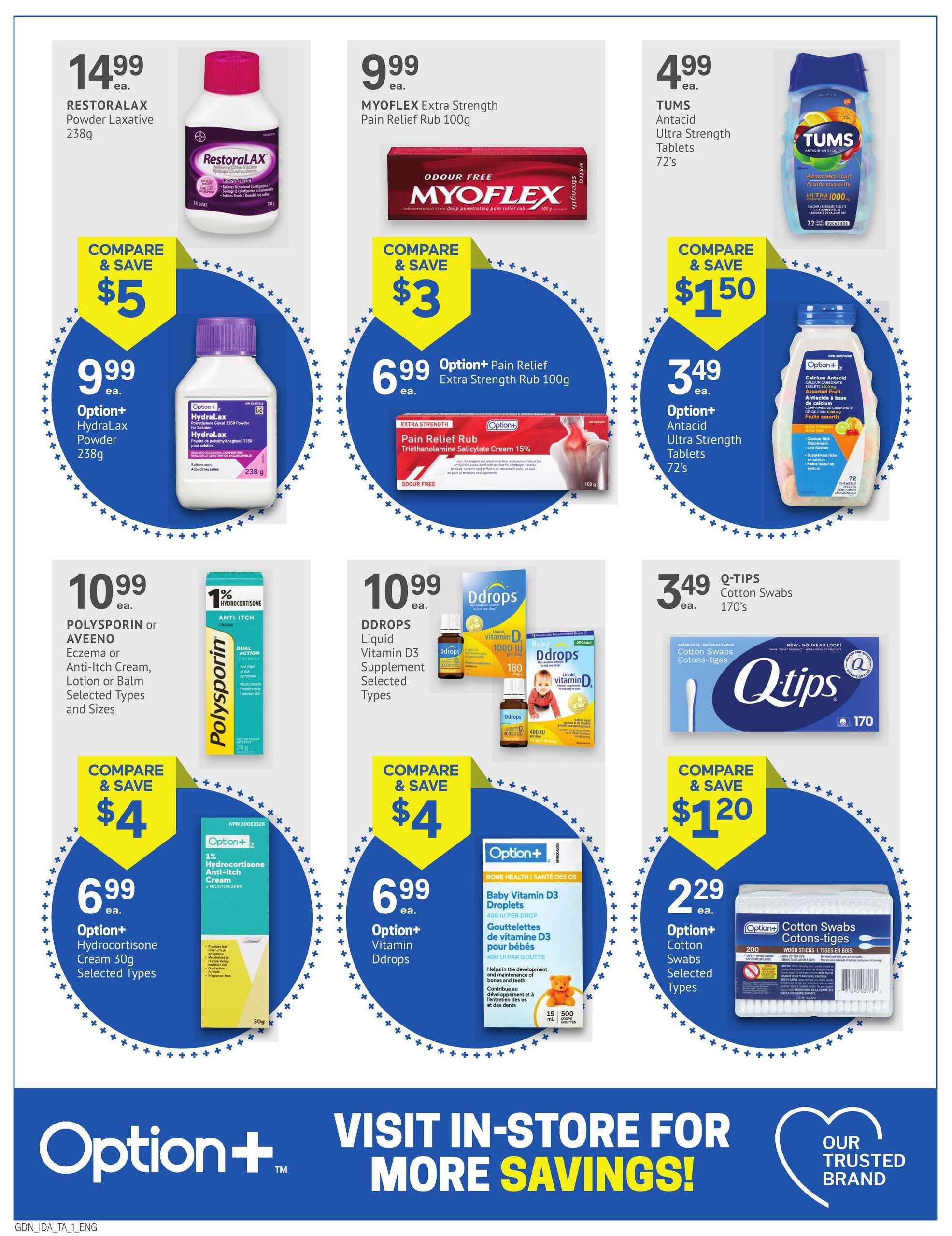 Guardian Pharmacy weekly flyer specials, page 2. Featured products include RestoraLAX Powder Laxative 238g for $14.99, with a compare and save of $5. Myoflex Extra Strength Pain Relief Rub 100g is $9.99, with a compare and save of $3. Tums Antacid Ultra Strength Tablets 72's are $4.99, with a compare and save of $1.50. Option+ HydraLAx Powder 238g is $9.99. Option+ Pain Relief Extra Strength Rub 100g is $6.99. Option+ Antacid Ultra Strength Tablets 72's are $3.49. Polysporin or Aveeno Eczema or Anti-itch Cream, Lotion or Balm (selected types and sizes) is $10.99, with a compare and save of $4. Option+ Hydrocortisone Cream 30g (selected types) is $6.99. DDROPS Liquid Vitamin D3 Supplement (selected types) is $10.99, with a compare and save of $4. Option+ Baby Vitamin D3 Droplets are $6.99. Q-Tips Cotton Swabs 170's are $3.49, with a compare and save of $1.20. Option+ Cotton Swabs (selected types) are $2.29. Visit in-store for more savings!