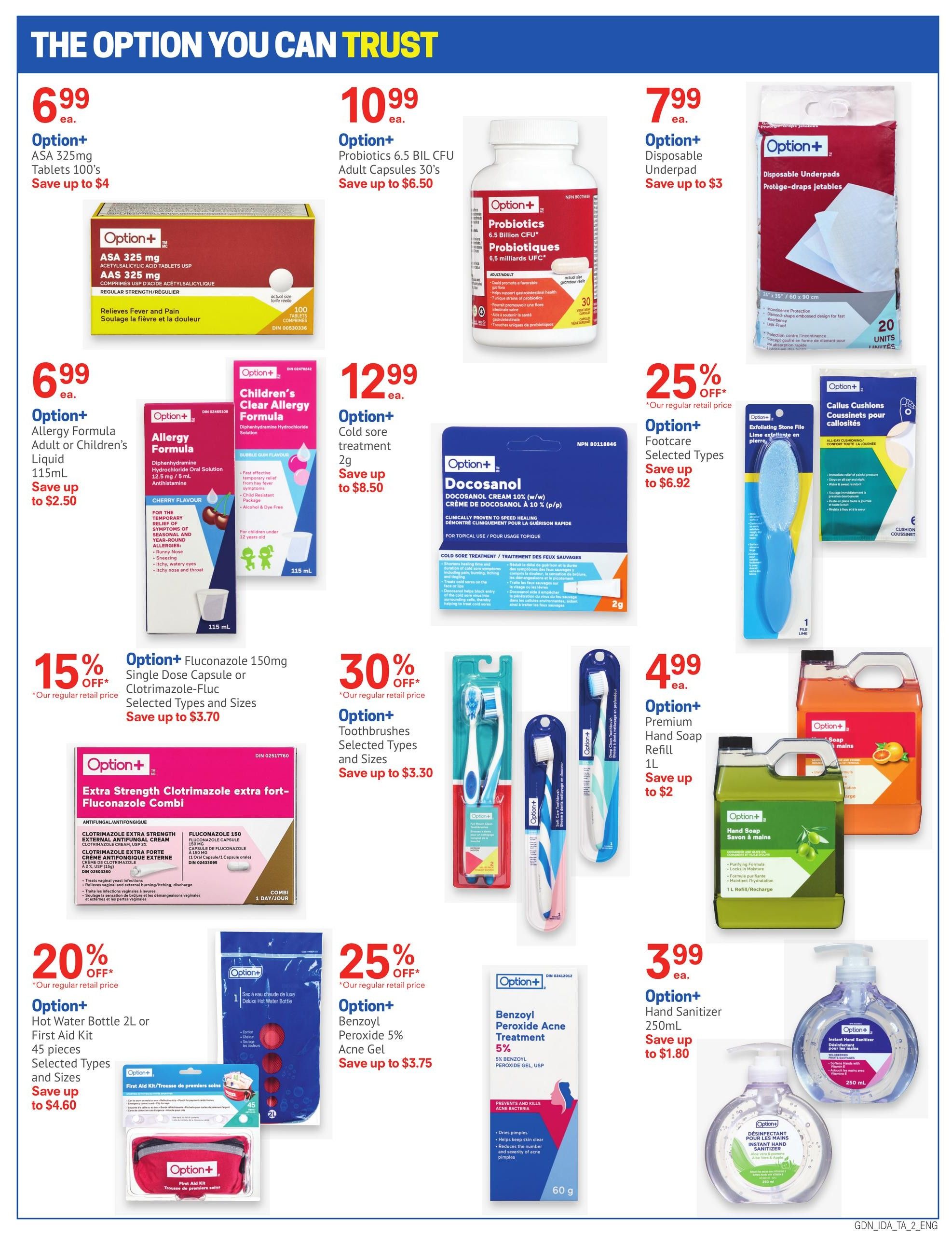 Guardian Pharmacy weekly flyer specials page 3 features a variety of Option+ brand health and personal care products. Deals include Option+ ASA 325mg Tablets 100's for $6.99, saving up to $4. Option+ Probiotics 6.5 BIL CFU Adult Capsules 30's are $10.99, saving up to $6.50. Option+ Disposable Underpads are $7.99, saving up to $3. Option+ Allergy Formula Adult or Children's Liquid 115mL is $6.99, saving up to $2.50. Option+ Children's Clear Allergy Formula 115mL is also available. Option+ Cold Sore Treatment 2g is $12.99, saving up to $8.50. Option+ Fluconazole 150mg Single Dose Capsule or Clotrimazole-Fluc Selected Types and Sizes are 15% off, saving up to $3.70. Option+ Extra Strength Clotrimazole extra fort-Fluconazole Combi is shown. Option+ Toothbrushes Selected Types and Sizes are 30% off, saving up to $3.30. Option+ Premium Hand Soap Refill 1L is $4.99, saving up to $2. Option+ Hot Water Bottle 2L or First Aid Kit 45 pieces Selected Types and Sizes are 20% off, saving up to $4.60. Option+ Deluxe Hot Water Bottle is featured. Option+ Benzoyl Peroxide 5% Acne Gel 60g is 25% off, saving up to $3.75. Option+ Hand Sanitizer 250mL is $3.99, saving up to $1.80. Option+ Callus Cushions are 25% off.