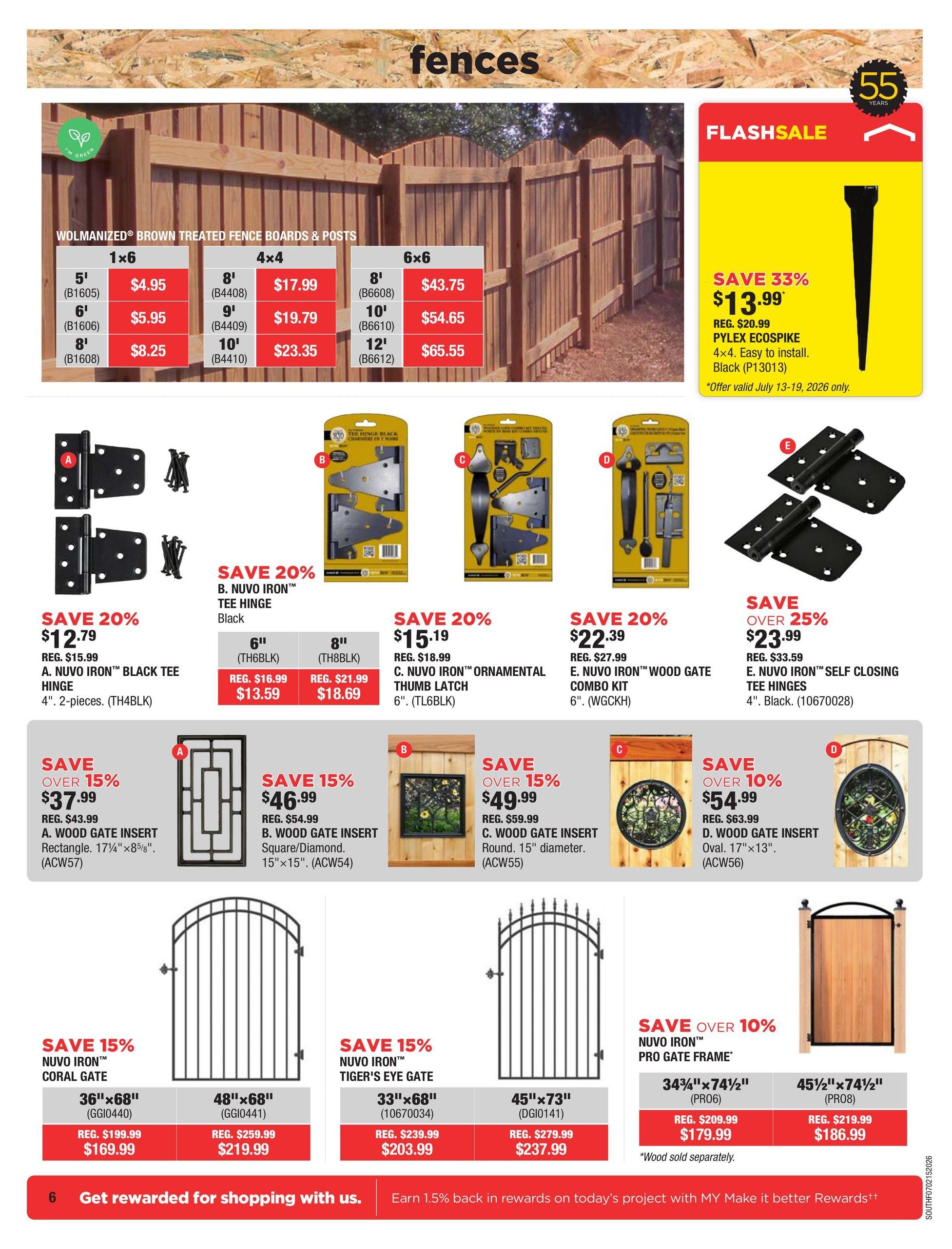 McMunn & Yates Building Supplies flyer page 6 features fencing and gate hardware. Wolmanized Brown Treated Fence Boards & Posts are available in 1x6, 4x4, and 6x6 sizes with prices starting at $4.95 for a 5' 1x6 board. A Flashsale offers a Pylex EcoSpike 4x4 for $13.99, saving 33% off the regular price of $20.99. Various Nuvo Iron hardware is on sale, including black tee hinges starting at $12.79 (save 20%), ornamental thumb latches for $15.19 (save 20%), and wood gate combo kits for $22.39 (save 20%). Decorative wood gate inserts are available in rectangle, square/diamond, and round designs, with prices starting at $37.99 (save over 15%). Nuvo Iron gates are also featured, including the Coral Gate for $169.99 (save 15%) and the Tiger's Eye Gate for $203.99 (save 15%). A Nuvo Iron Pro Gate Frame is available for $179.99 (save over 10%). The bottom banner promotes earning 1.5% back in rewards.