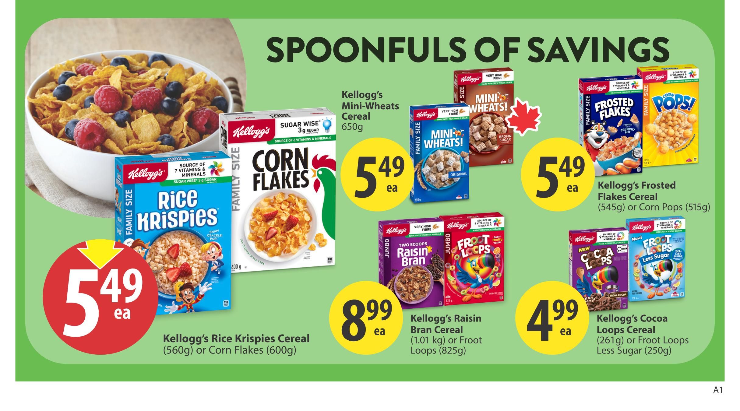 Save-On-Foods weekly flyer specials page 16 features a 'Spoonfuls of Savings' promotion on Kellogg's cereals. Get Kellogg's Rice Krispies Cereal (560g) or Corn Flakes (600g) for $5.49 each. Also available are Kellogg's Mini-Wheats Cereal (650g) for $5.49 each. Kellogg's Frosted Flakes Cereal (545g) or Corn Pops (515g) are also $5.49 each. Jumbo sizes of Kellogg's Raisin Bran Cereal (1.01 kg) or Froot Loops (825g) are on sale for $8.99 each. Additionally, Kellogg's Cocoa Loops Cereal (261g) or Froot Loops Less Sugar (250g) are priced at $4.99 each.