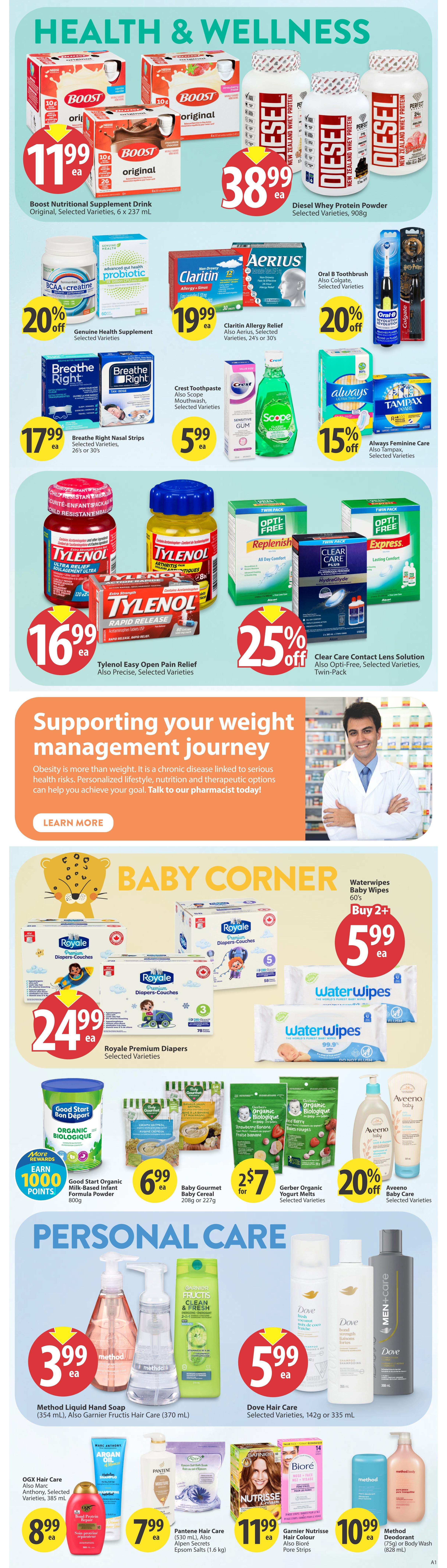 Save-On-Foods weekly flyer specials for British Columbia, Page 23. Health & Wellness section features Boost Nutritional Supplement Drink for $11.99, Diesel Whey Protein Powder for $38.99, Genuine Health Supplement with 20% off, Claritin Allergy Relief for $19.99, Crest Toothpaste and Scope Mouthwash for $5.99, Breathe Right Nasal Strips for $17.99, Always Feminine Care and Tampax for 15% off. Tylenol Easy Open Pain Relief is $16.99 and Clear Care Contact Lens Solution is 25% off. The flyer also includes a section on supporting your weight management journey with a 'Learn More' button. The Baby Corner offers Royale Premium Diapers for $24.99, Waterwipes Baby Wipes Buy 2 Get 1 Free for $5.99, Good Start Organic Milk-Based Infant Formula Powder for $6.99, Baby Gourmet Baby Cereal for $2 for $7, and Gerber Organic Yogurt Melts with 20% off Aveeno Baby Care. The Personal Care section includes Method Liquid Hand Soap for $3.99, Dove Hair Care for $5.99, OGX Hair Care for $8.99, Pantene Hair Care and Alpen Secrets Epsom Salts for $7.99, Garnier Nutrisse Hair Colour and Biore Pore Strips for $11.99, and Method Deodorant or Body Wash for $10.99.