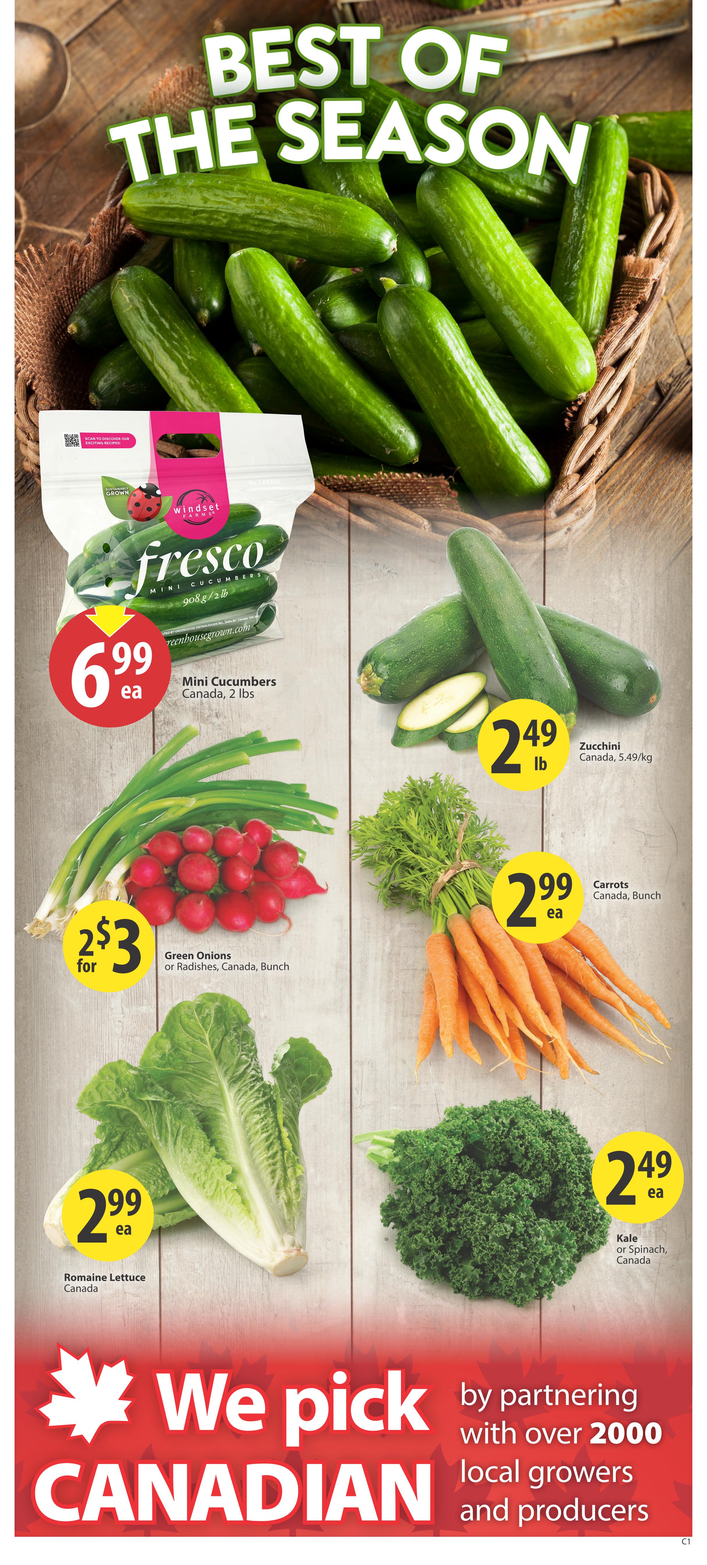 Save-On-Foods weekly flyer specials page 3 features 'Best of the Season' produce. Mini Cucumbers from Canada, 2 lbs, are $6.99 each. Zucchini from Canada, 5.49/kg, is $2.49 per lb. Green Onions or Radishes, bunch, from Canada are 2 for $3. Carrots, bunch, from Canada are $2.99 each. Romaine Lettuce from Canada is $2.99 each. Kale or Spinach from Canada is $2.49 each. The flyer highlights 'We pick CANADIAN by partnering with over 2000 local growers and producers.