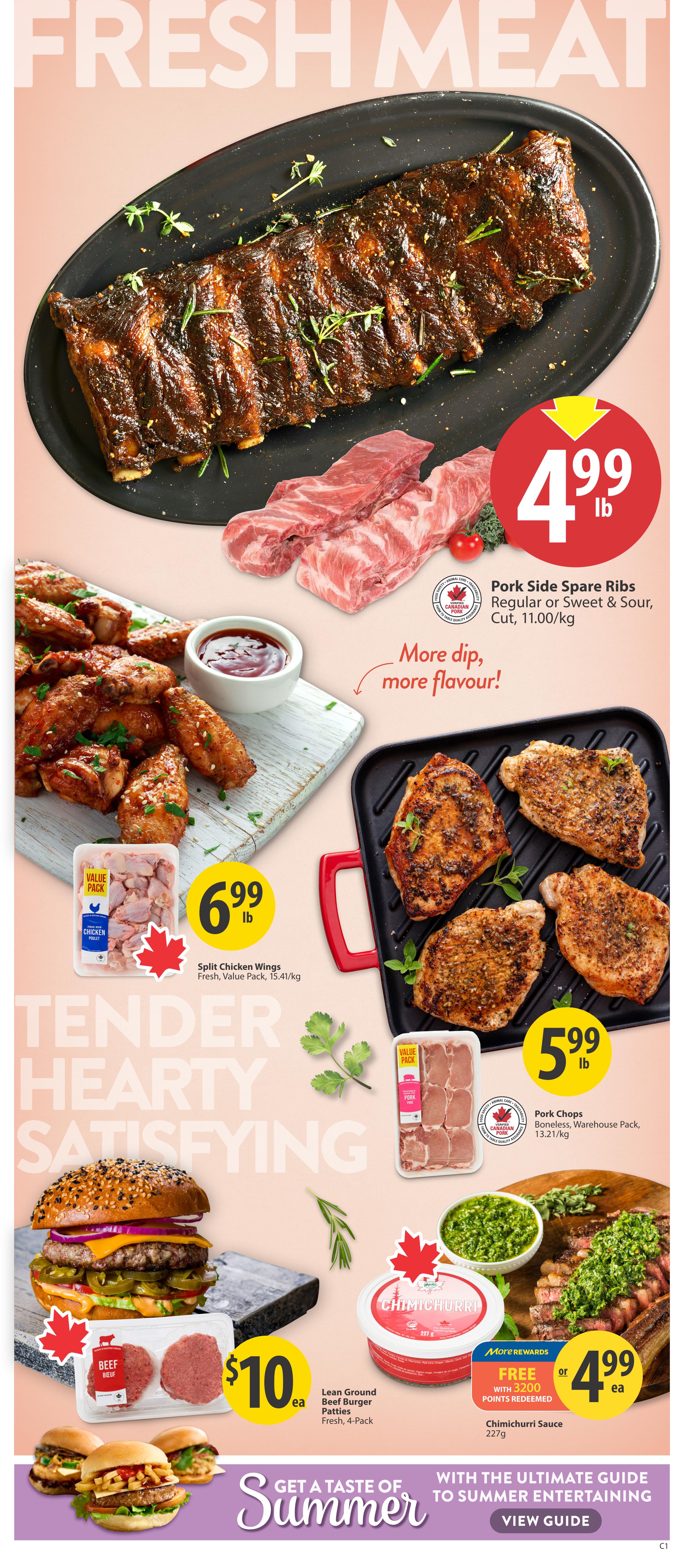 Save-On-Foods Saskatchewan weekly flyer specials page 5 features fresh meat deals. Enjoy Pork Side Spare Ribs for $4.99/lb, described as Regular or Sweet & Sour, cut, 11.00/kg. Also available are Split Chicken Wings for $6.99/lb, fresh, value pack, 15.41/kg. Pork Chops, boneless, warehouse pack, 13.21/kg are on sale for $5.99/lb. Get Lean Ground Beef Burger Patties, fresh, 4-pack for $10 ea. A special offer includes Chimichurri Sauce, 227g, free with 3200 More Rewards points redeemed, or $4.99 ea. The page also promotes 'Get a taste of Summer with the ultimate guide to summer entertaining' with a 'View Guide' button.