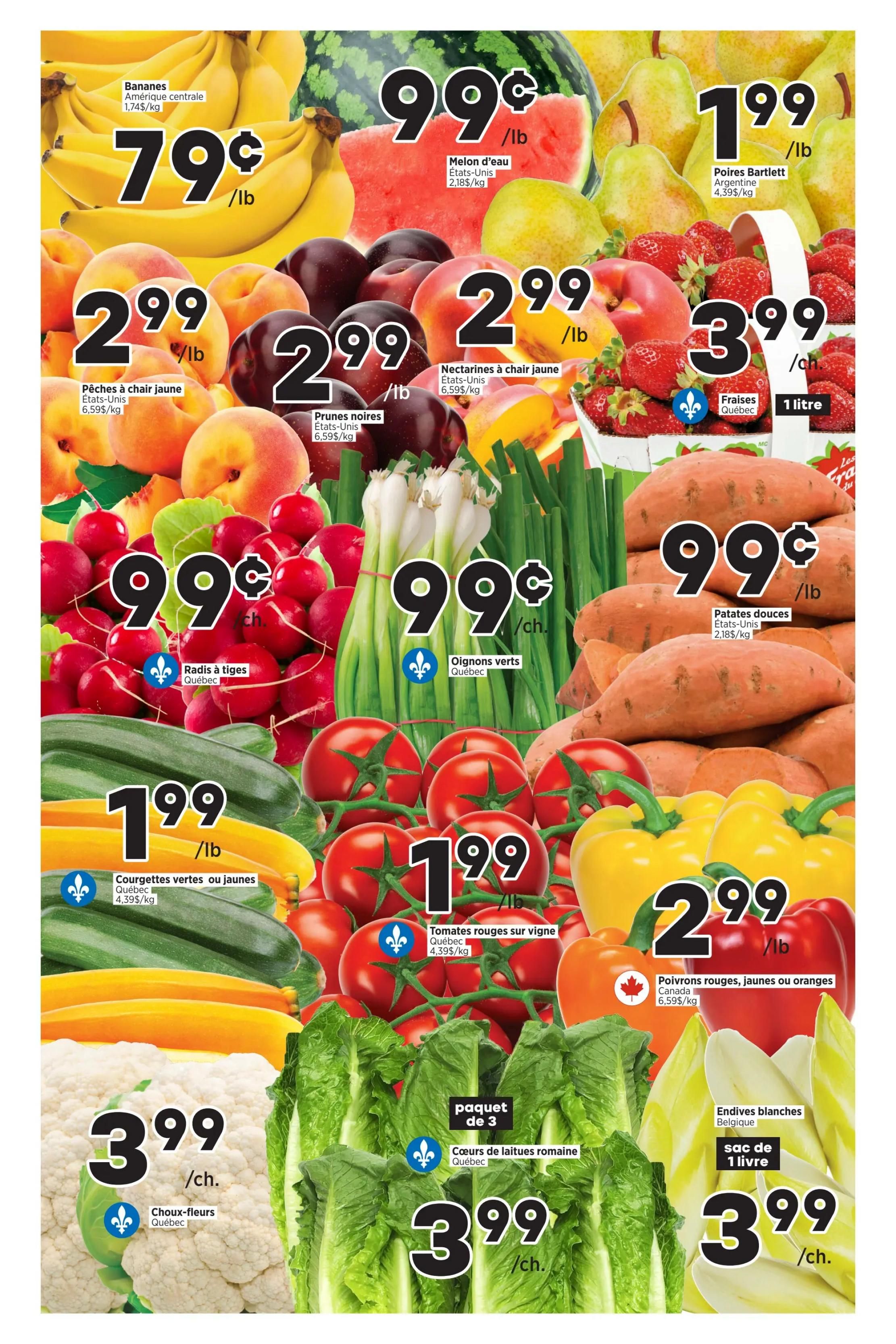 Valmont weekly flyer specials page 2 features a variety of fresh produce. Highlights include bananas at $0.79/lb, watermelon at $0.99/lb, and Bartlett pears at $1.99/lb. Also featured are yellow cling peaches for $2.99/lb, black plums for $2.99/lb, and nectarines for $2.99/lb. Fresh strawberries from Quebec are available for $3.99 per litre. Radishes on the stem are $0.99/bunch, and green onions from Quebec are $0.99/bunch. Sweet potatoes from the USA are $0.99/lb. Green or yellow zucchini from Quebec are $1.99/lb. Vine ripe red tomatoes from Quebec are $1.99/lb. Red, yellow, or orange bell peppers from Canada are $2.99/lb. Cauliflower from Quebec is $3.99 each. A 3-pack of romaine lettuce hearts from Quebec is $3.99. Belgian endives are $3.99 per pound.