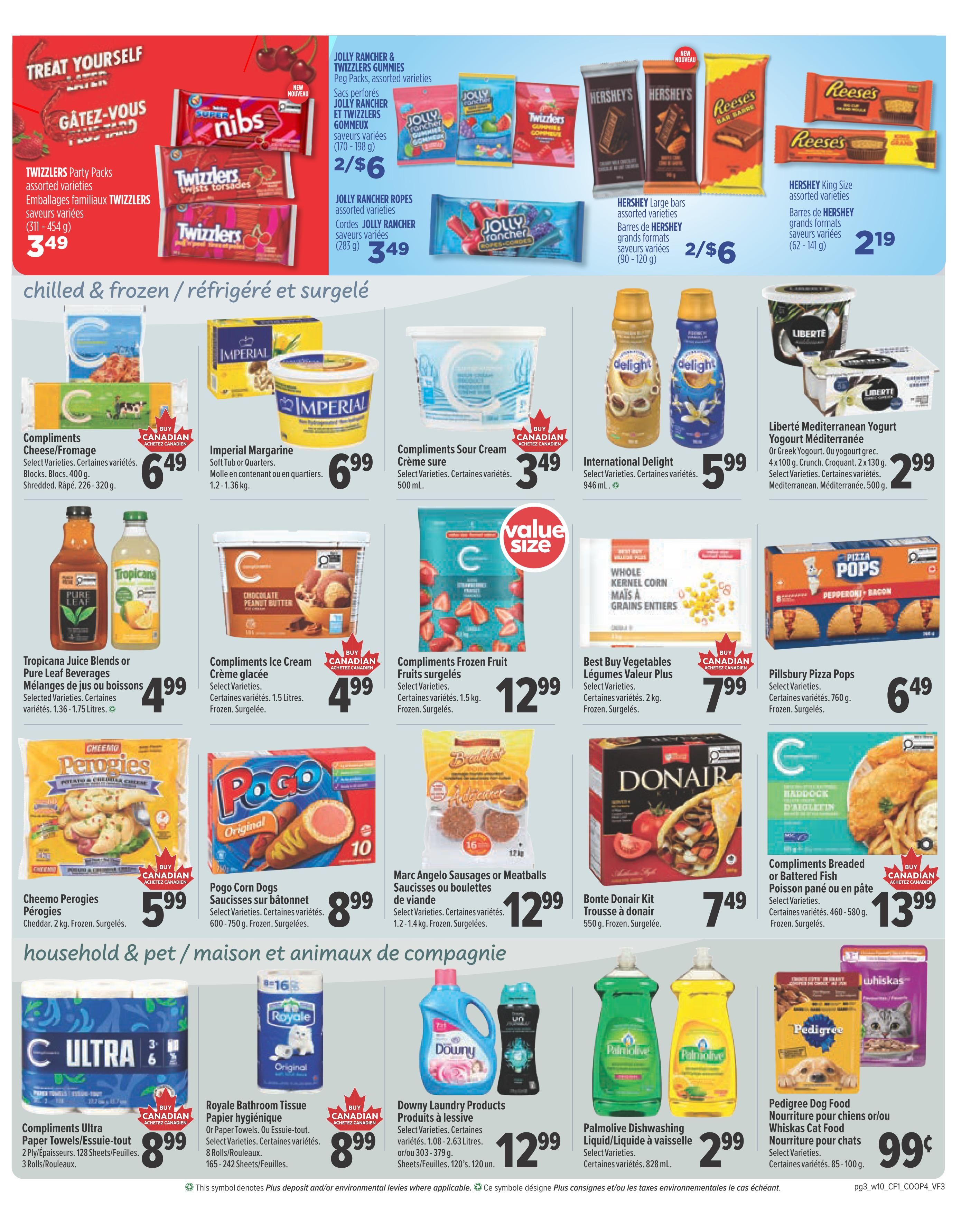 Valufoods weekly flyer specials page 3 featuring chilled, frozen, and household items. Top section includes Twizzlers Party Packs for $3.49, Jolly Rancher & Twizzlers Gummies 2/$6, Jolly Rancher Ropes for $3.49, Hershey's Large Bars 2/$6, and Hershey's King Size varieties for $2.19. Chilled and frozen items include Compliments Cheese/Fromage for $6.49, Imperial Margarine for $6.99, Compliments Sour Cream for $3.49, International Delight for $5.99, Liberté Mediterranean Yogurt for $2.99, Tropicana Juice Blends or Pure Leaf Beverages for $4.99, Compliments Ice Cream for $4.99, Compliments Frozen Fruit for $12.99, Best Buy Vegetables for $7.99, Pillsbury Pizza Pops for $6.49, Cheemo Perogies for $5.99, Pogo Corn Dogs for $8.99, Marc Angelo Sausages or Meatballs for $12.99, and Bonte Donair Kit for $7.49. The bottom section, 'Household & Pet', features Compliments Ultra Paper Towels for $8.99, Royale Bathroom Tissue for $8.99, Downy Laundry Products for $12.99, Palmolive Dishwashing Liquid for $2.99, and Pedigree Dog Food or Whiskas Cat Food for $0.99.