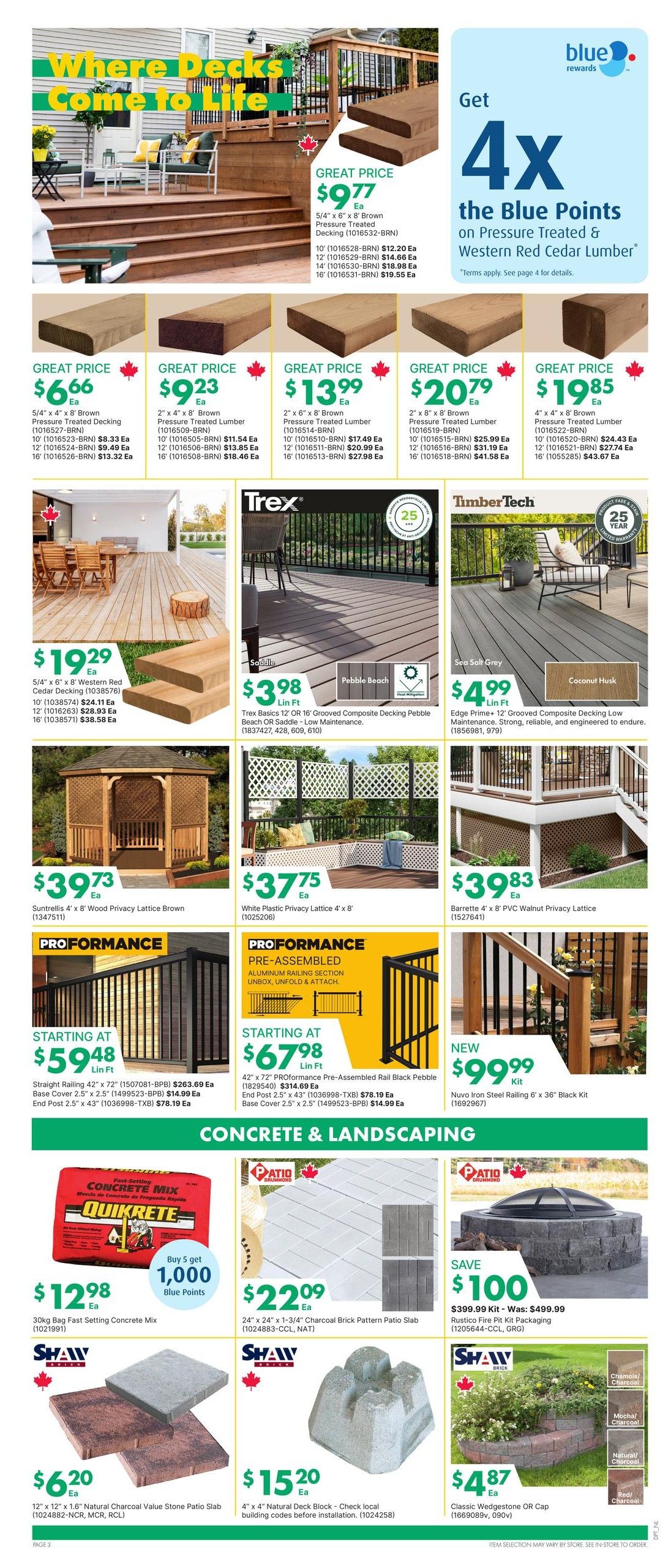 Kent weekly flyer specials page 5 features a wide selection of decking, fencing, and concrete & landscaping products. The page highlights 'Where Decks Come to Life' with various lumber and composite decking options. Featured are 5/4' x 4' x 8' Brown Pressure Treated Decking for $6.66, 2' x 4' x 8' Brown Pressure Treated Lumber for $9.23, 2' x 6' x 8' Pressure Treated Lumber for $13.99, 2' x 8' x 8' Brown Pressure Treated Lumber for $20.79, and 4' x 8' Brown Pressure Treated Lumber for $19.85. Also available is 5/4' x 6' x 8' Western Red Cedar Decking for $19.29. Composite decking options include Trex Basics 12' OR 16' Grooved Composite Decking Pebble Beach OR Saddle for $3.98 per linear foot, and TimberTech Edge Prime+ 12' Grooved Composite Decking Low Maintenance in Sea Salt Grey or Coconut Husk for $4.99 per linear foot. Fencing and lattice options include Suntrellis 4' x 8' Wood Privacy Lattice Brown for $39.73, White Plastic Privacy Lattice 4' x 8' for $37.75, and Barrette 4' x 6' PVC Walnut Privacy Lattice for $39.83. ProFormance pre-assembled aluminum railing sections start at $59.48 for a Straight Railing 42' x 72' and $67.98 for a 42' x 72' Pre-Assembled Rail Black Pebble. Nuvo Iron Steel Railing 6' x 36' Black Kit is available for $99.99. Under Concrete & Landscaping, find 30kg Bag Fast Setting Concrete Mix (Quikrete) for $12.98, with a buy 5 get 1,000 Blue Points offer. Patio Drummond 24' x 24' x 1-3/4' Charcoal Brick Pattern Patio Slabs are $22.09 each. Shaw Brick 12' x 12' x 1.6' Natural Charcoal Value Stone Patio Slabs are $6.20 each, and 4' x 4' Natural Deck Block is $15.20 each. Also featured is a Rustic Fire Pit Kit Packaging for $399.99 (was $499.99) and Classic Wedgestone Cap in various colours for $4.87 each. Get 4X Blue Points on Pressure Treated & Western Red Cedar Lumber.
