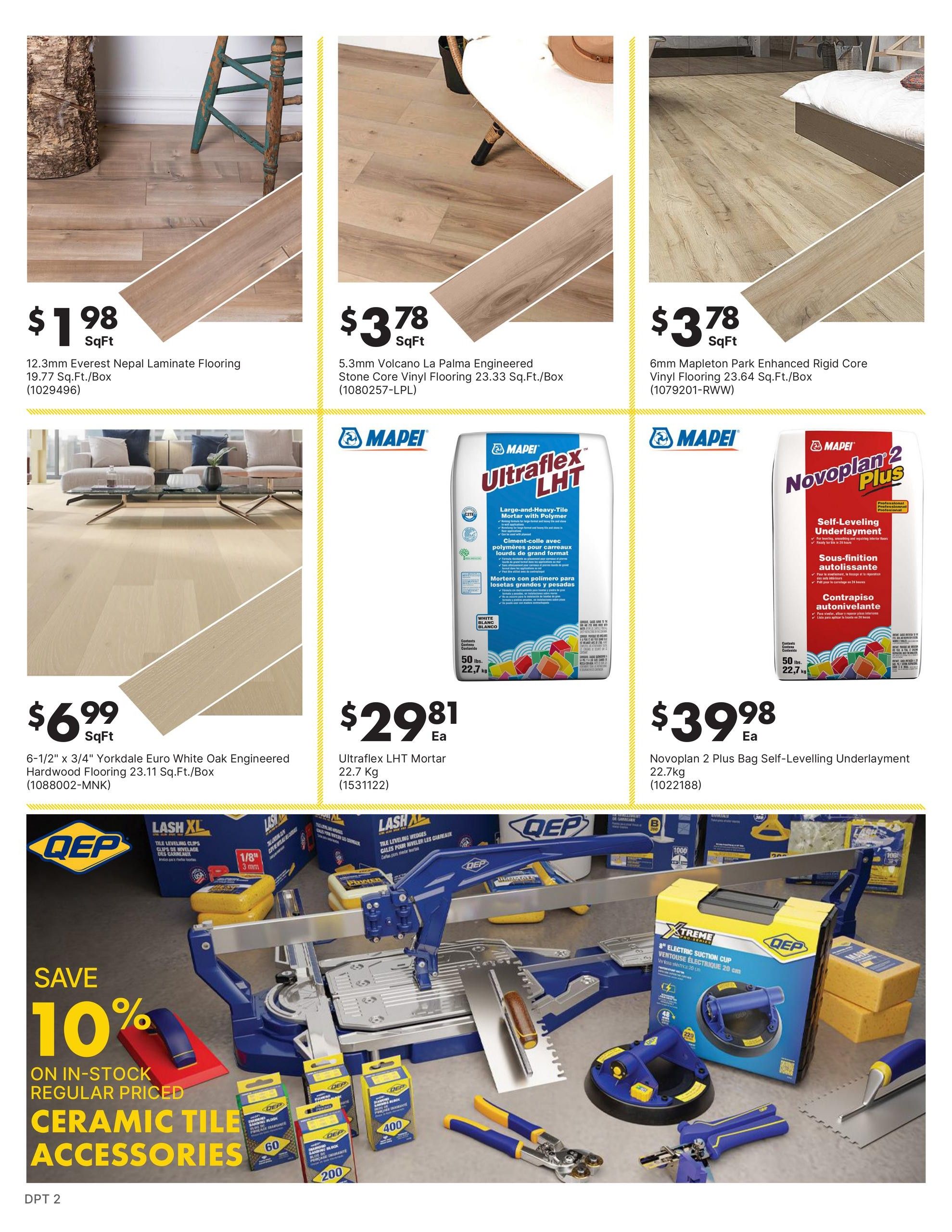 Page 2 of the kent flyer featuring flooring and tile accessories. Top row includes 12.3mm Everest Nepal Laminate Flooring for $1.98 SqFt, 5.3mm Volcano La Palma Engineered Stone Core Vinyl Flooring for $3.78 SqFt, and 6mm Mapleton Park Enhanced Rigid Core Vinyl Flooring for $3.78 SqFt. Middle row showcases Mapei Ultraflex LHT Large-and-Heavy-Tile Mortar with Polymer, 22.7 Kg, for $29.81 Ea, and Mapei Novoplan 2 Plus Bag Self-Levelling Underlayment, 22.7kg, for $39.98 Ea. The bottom section highlights a 'SAVE 10% ON IN-STOCK REGULAR PRICED CERAMIC TILE ACCESSORIES' promotion, featuring a tile cutter, suction cups, and various tile leveling accessories from brands like QEP and Lash XL.