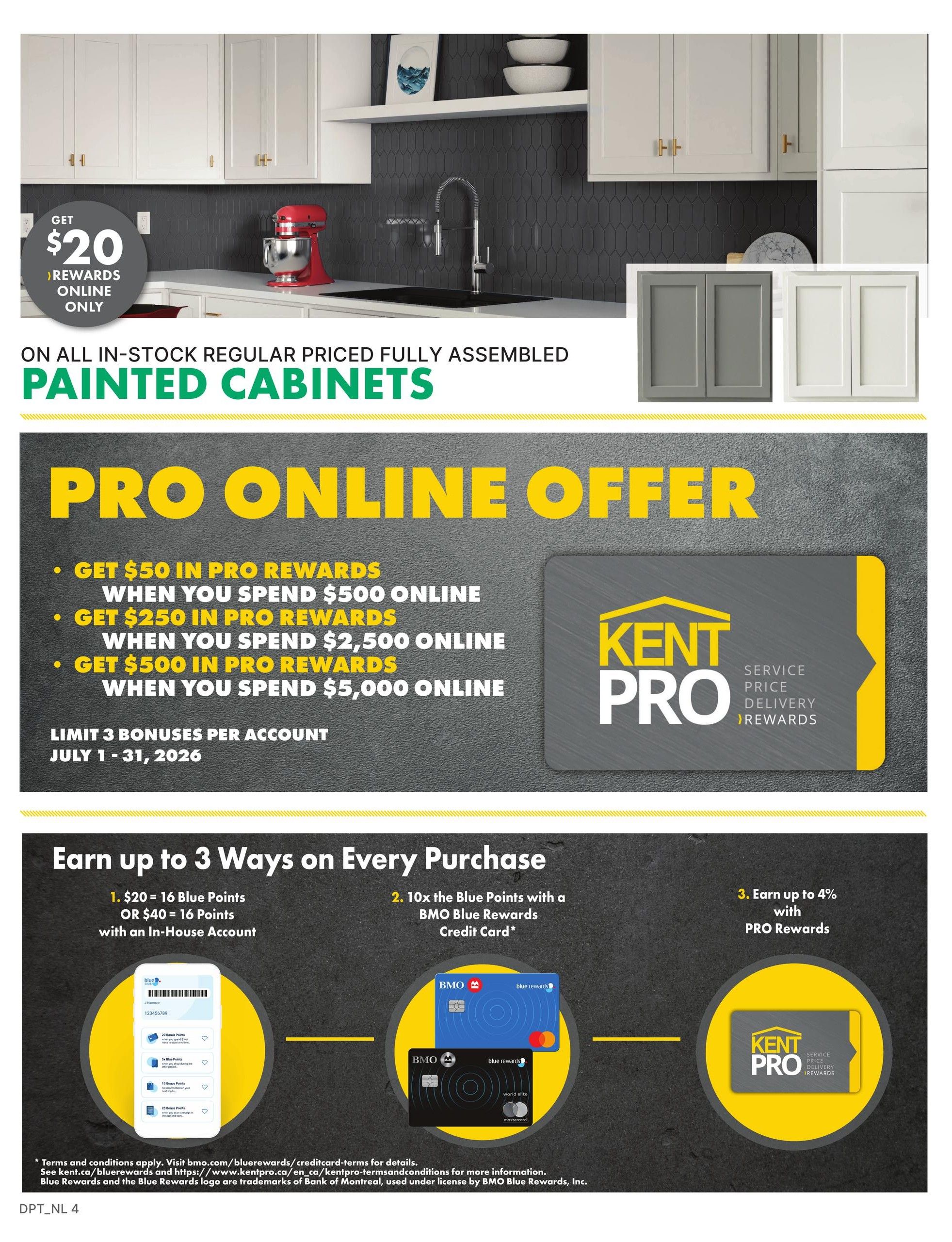 Kent PRO flyer page 4 features an online offer for fully assembled painted cabinets. Get $20 in rewards online only. The PRO Online Offer includes: Get $50 in PRO Rewards when you spend $500 online, get $250 in PRO Rewards when you spend $2,500 online, and get $500 in PRO Rewards when you spend $5,000 online. Limit 3 bonuses per account from July 1-31, 2026. The page also details how to earn up to 3 ways on every purchase: 1. $20 equals 16 Blue Points or $40 equals 16 Points with an In-House Account. 2. Earn 10x the Blue Points with a BMO Blue Rewards Credit Card. 3. Earn up to 4% with PRO Rewards. The offer is valid from July 1 to July 31, 2026.