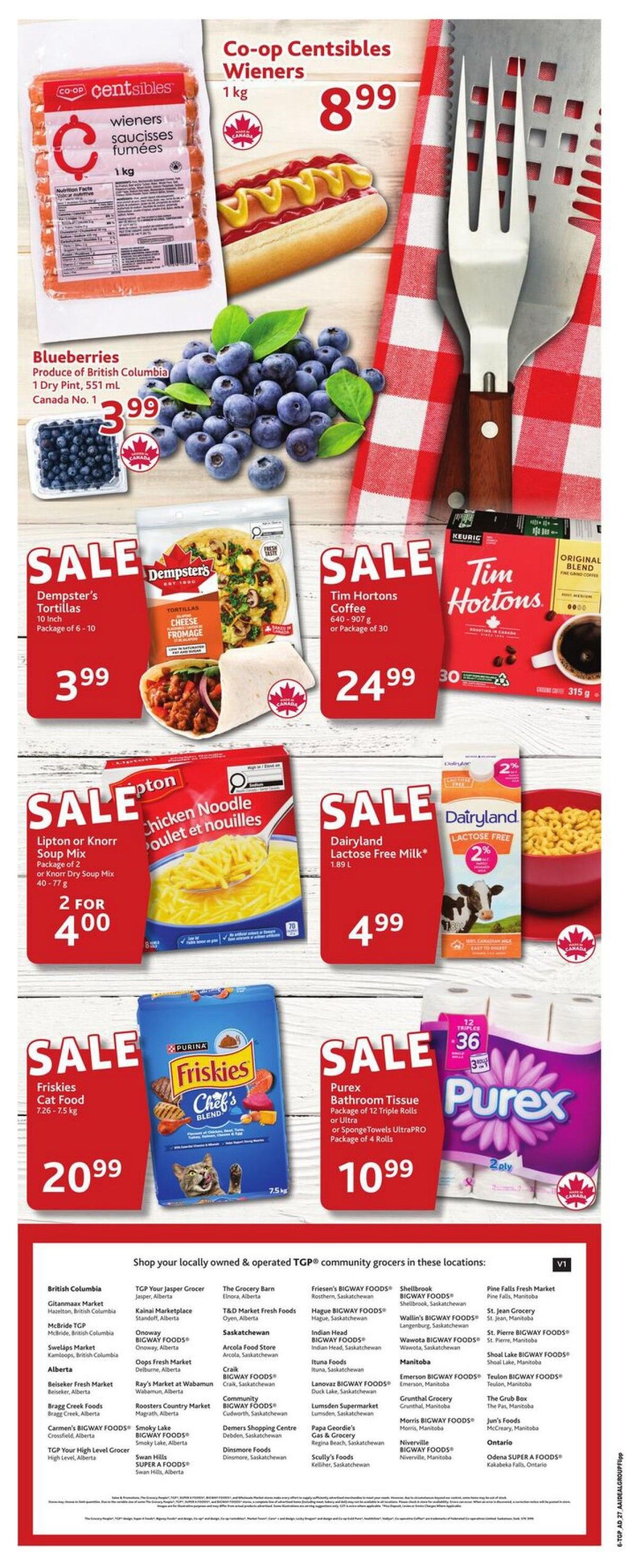 TGP The Grocery People weekly flyer specials page 8 features Co-op Centsibles Wieners 1 kg for $8.99, Blueberries from British Columbia 1 Dry Pint for $3.99. Sale items include Dempster's Tortillas 10 Inch Package of 6-10 for $3.99, Tim Hortons Coffee 640-907 g or Package of 30 for $24.99. Lipton or Knorr Soup Mix 40-77 g is 2 for $4.00, and Dairyland Lactose Free Milk 1.89 L is $4.99. Also on sale is Friskies Cat Food 7.26-7.5 kg for $20.99 and Purex Bathroom Tissue Package of 12 Triple Rolls or Ultra or SpongeTowels UltraPRO Package of 4 Rolls for $10.99. The bottom of the page lists TGP community grocer locations across British Columbia, Alberta, Saskatchewan, Manitoba, and Ontario.