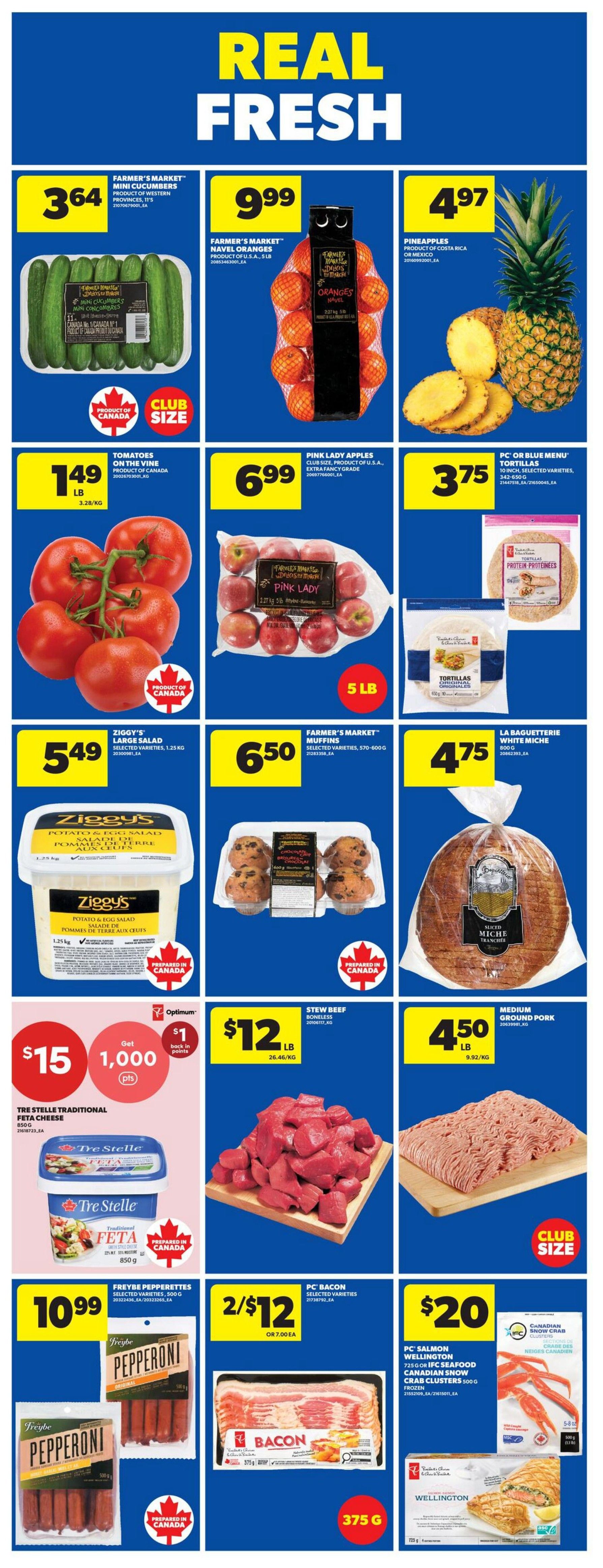Wholesale Club weekly flyer specials page 2. Featured items include Farmer's Market Mini Cucumbers for $3.64, Farmer's Market Navel Oranges (5 lb bag) for $9.99, and Pineapples for $4.97. Also on sale are Tomatoes on the Vine for $1.49/lb, Pink Lady Apples (5 lb bag) for $6.99, and PC or Blue Menu Tortillas for $3.75. Additional offers include Ziggy's Potato & Egg Salad (1.25 kg) for $5.49, Farmer's Market Muffins (570-600 g) for $6.50, and La Baguetterie Miche bread for $4.75. Get $1 back in Optimum points when you buy Tre Stelle Traditional Feta Cheese (850 g) for $15. Stew Beef Boneless is $12/lb, and Medium Ground Pork is $4.50/lb. Freybe Pepperettes (selected varieties, 500 g) are $10.99. PC Bacon (selected varieties, 375 g) is 2 for $12 or $7.00 each. Finally, PC Salmon Wellington (725 g) or IFC Seafood Canadian Snow Crab Clusters (500 g) are $20.