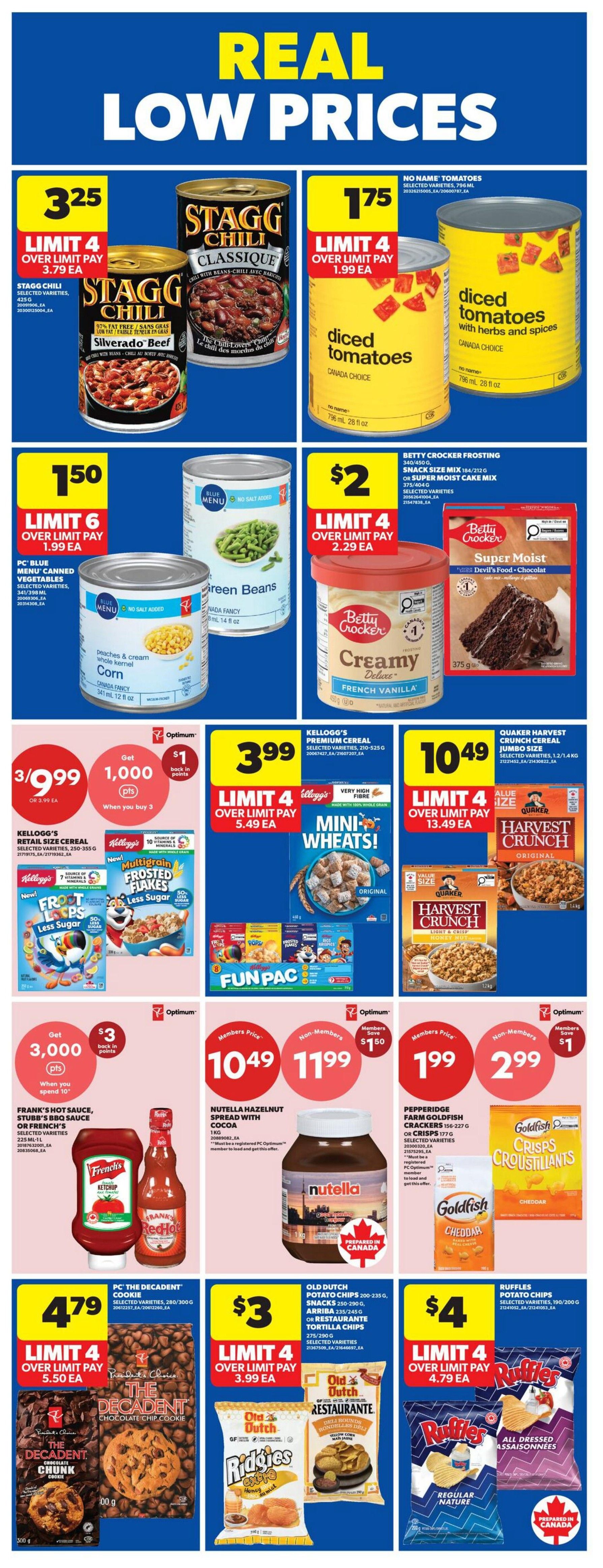 Wholesale Club weekly flyer specials page 3 features 'Real Low Prices'. Top row includes Stagg Chili selected varieties for $3.25 with a limit of 4, and No Name Diced Tomatoes for $1.75 with a limit of 4. Second row shows PC Blue Menu Canned Corn and Green Beans for $1.50 with a limit of 6, and Betty Crocker Creamy Deluxe Frosting French Vanilla and Super Moist Cake Mix Devil's Food Chocolate for $2 with a limit of 4. Third row has Kellogg's Retail Size Cereal selected varieties, 250-350g for 3 for $9.99, with 1,000 Optimum points back when you buy 3. Also featured are Kellogg's Frosted Flakes Less Sugar, Multigrain Frosted Flakes, and Froot Loops Less Sugar. Next to this, Kellogg's Mini Wheats Original and Fun Pack cereals are on sale for $3.99 with a limit of 4. Quaker Harvest Crunch Original and Light & Crisp Honey Nut cereals are $10.49 with a limit of 4. Fourth row showcases French's Classic or RedHot Sauce for $3 with a limit of 3, and get 3,000 Optimum points back when you spend $10. Nutella Hazelnut Spread with Cocoa 1kg is $10.49 for members and $11.99 for non-members, saving $1.50. Pepperidge Farm Goldfish Crackers 156-227g or Crisps 177g or Restaurant Tortilla Chips 275-290g are $1.99 for members and $2.99 for non-members, saving $1. Bottom row features PC The Decadent Chocolate Chip Cookie and Chocolate Chunk Cookie 280-300g for $4.79 with a limit of 4. Old Dutch Potato Chips 200-235g, Snacks 250-290g, or Restaurante Tortilla Chips 275-290g are $3 with a limit of 4. Ruffles Potato Chips Regular Nature or All Dressed 190-200g are $4 with a limit of 4.
