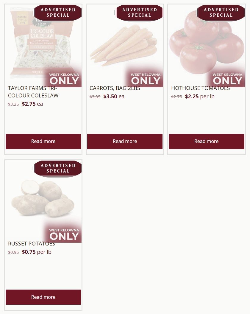 T-Bone's Weekly Flyer Specials Page 3: Advertised specials include Taylor Farms Tri-Colour Coleslaw, originally $3.25, now $2.75 each. Carrots, bag of 2 lbs, on sale from $3.95 to $3.50 each. Hothouse Tomatoes are $2.25 per lb, down from $2.75. Russet Potatoes are $0.75 per lb, reduced from $0.95.