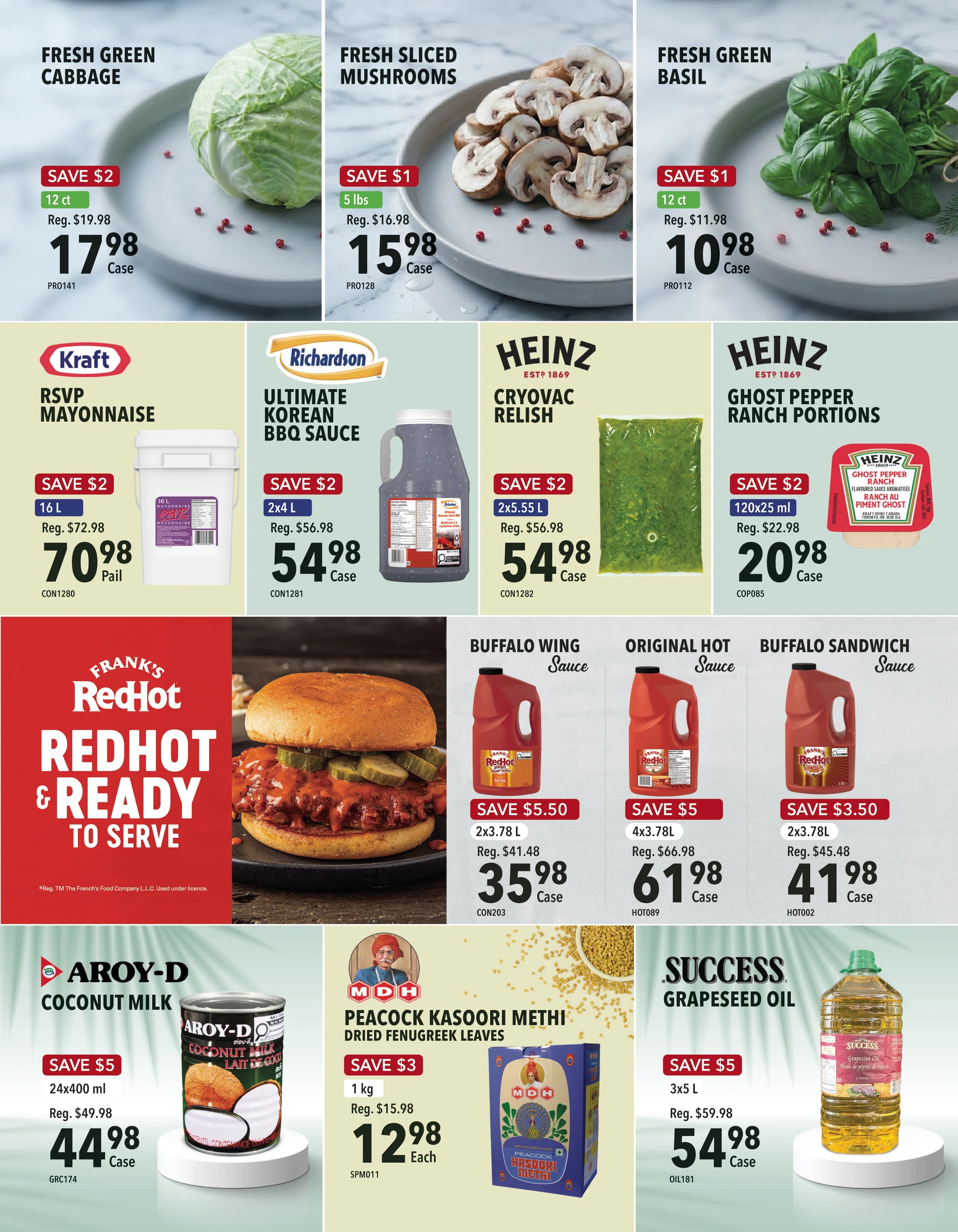 A1 Cash & Carry flyer specials page 2 features fresh produce and pantry staples. Fresh Green Cabbage is on sale for $17.98 per case, saving $2. Fresh Sliced Mushrooms are $15.98 per case, saving $1. Fresh Green Basil is $10.98 per case, saving $1. Kraft RSVP Mayonnaise (16 L pail) is $70.98, saving $2. Richardson Ultimate Korean BBQ Sauce (2x4 L case) is $54.98, saving $2. Heinz Cryovac Relish (2x5.55 L case) is $54.98, saving $2. Heinz Ghost Pepper Ranch Portions (120x25 ml case) are $20.98, saving $2. Frank's RedHot features RedHot & Ready to Serve products. Buffalo Wing Sauce (2x3.78 L case) is $35.98, saving $5.50. Original Hot Sauce (4x3.78 L case) is $61.98, saving $5. Buffalo Sandwich Sauce (2x3.78 L case) is $41.98, saving $3.50. Aroy-D Coconut Milk (24x400 ml case) is $44.98, saving $5. MDH Peacock Kasoori Methi Dried Fenugreek Leaves (1 kg each) is $12.98, saving $3. Success Grapeseed Oil (3x5 L case) is $54.98, saving $5.