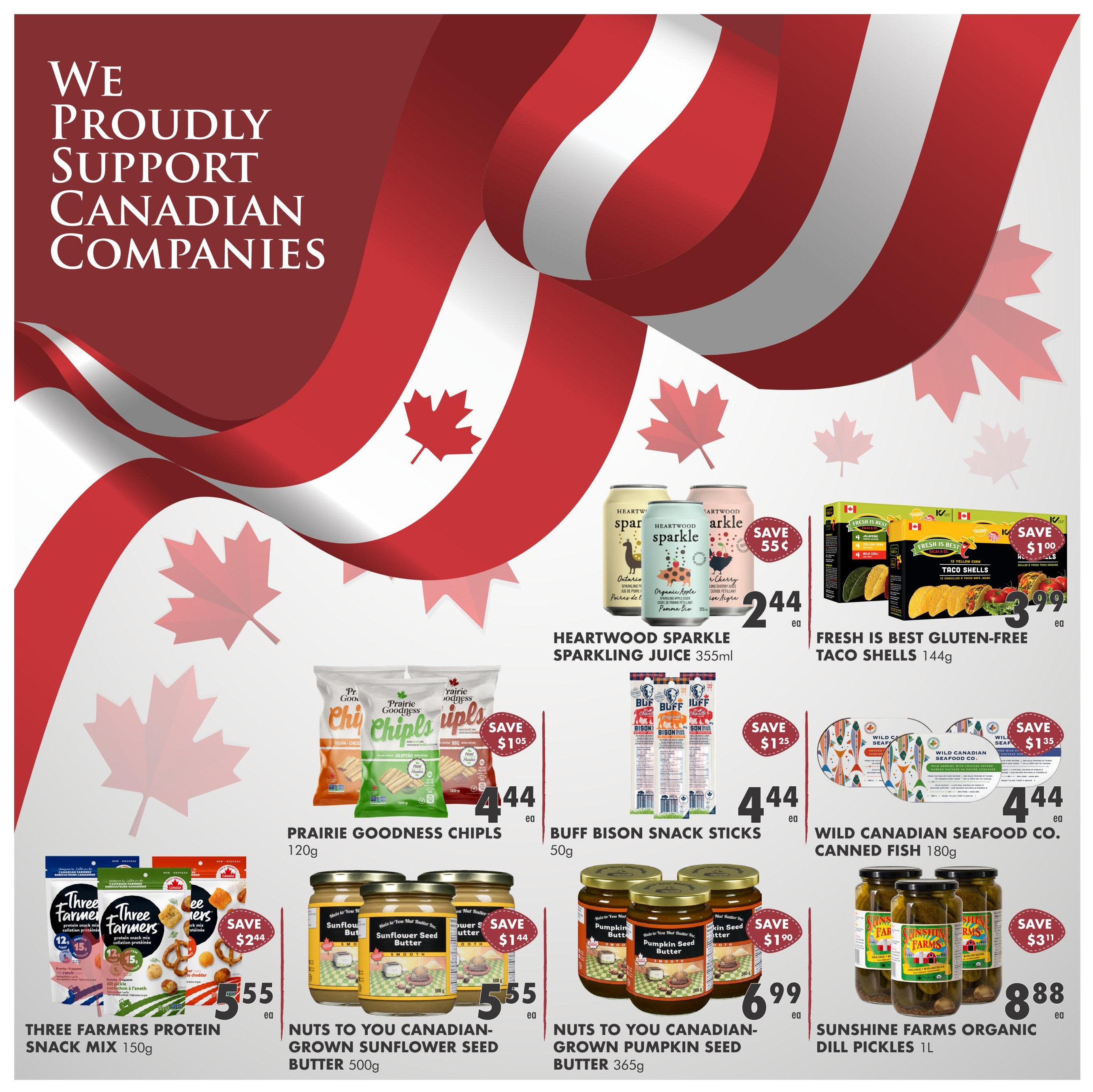 Ambrosia Natural Foods flyer specials page 2, featuring a 'We Proudly Support Canadian Companies' banner. Products on sale include Heartwood Sparkle Sparkling Juice 355ml for $2.44, with a save 55¢ offer. Fresh is Best Gluten-Free Taco Shells 144g are $3.99. Prairie Goodness Chipls 120g are $4.44, save $1.05. Buff Bison Snack Sticks 50g are $4.44, save $1.25. Wild Canadian Seafood Co. Canned Fish 180g is $4.44, save $1.35. Three Farmers Protein Snack Mix 150g is $5.55, save $2.44. Nuts to You Canadian-Grown Sunflower Seed Butter 500g is $5.55, save $1.44. Nuts to You Canadian-Grown Pumpkin Seed Butter 365g is $6.99, save $1.90. Sunshine Farms Organic Dill Pickles 1L are $8.88, save $3.11.