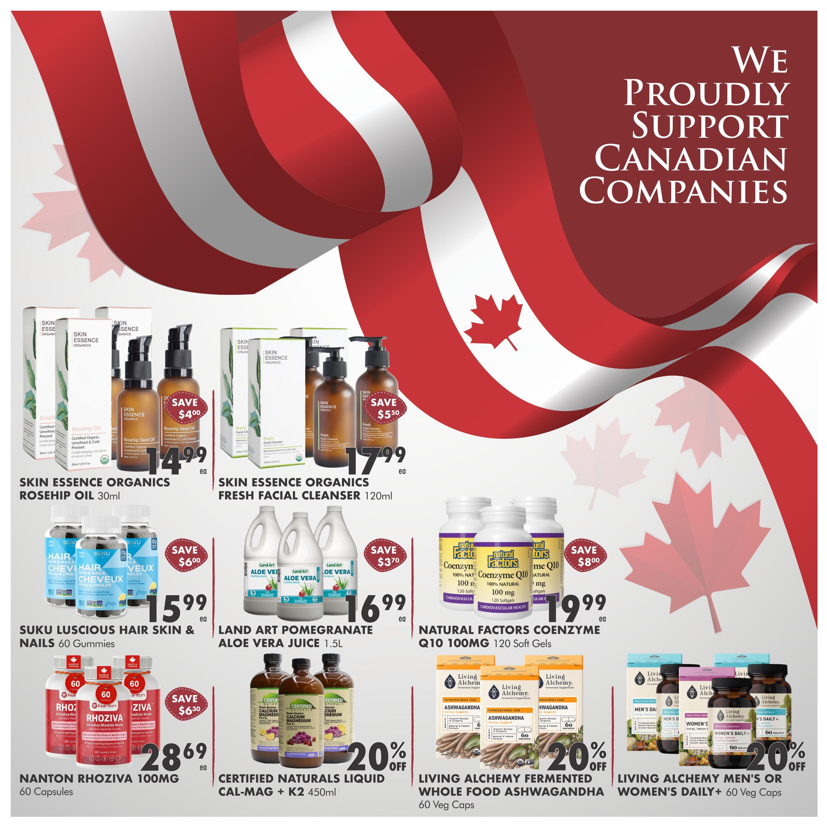 Ambrosia Natural Foods flyer page 3 features 'We Proudly Support Canadian Companies' graphic. Products on sale include Skin Essence Organics Rosehip Oil 30ml for $14.99, saving $4.00. Skin Essence Organics Fresh Facial Cleanser 120ml is $17.99, saving $5.50. Suku Luscious Hair Skin & Nails 60 Gummies are $15.99, saving $6.00. Land Art Pomegranate Aloe Vera Juice 1.5L is $16.99, saving $3.70. Nanton Rhoziva 100mg 60 Capsules are $28.69, saving $6.30. Certified Naturals Liquid Cal-Mag + K2 450ml is 20% off. Natural Factors Coenzyme Q10 100mg 120 Soft Gels are $19.99, saving $8.00. Living Alchemy Fermented Whole Food Ashwagandha 60 Veg Caps are 20% off. Living Alchemy Men's or Women's Daily+ 60 Veg Caps are also 20% off.