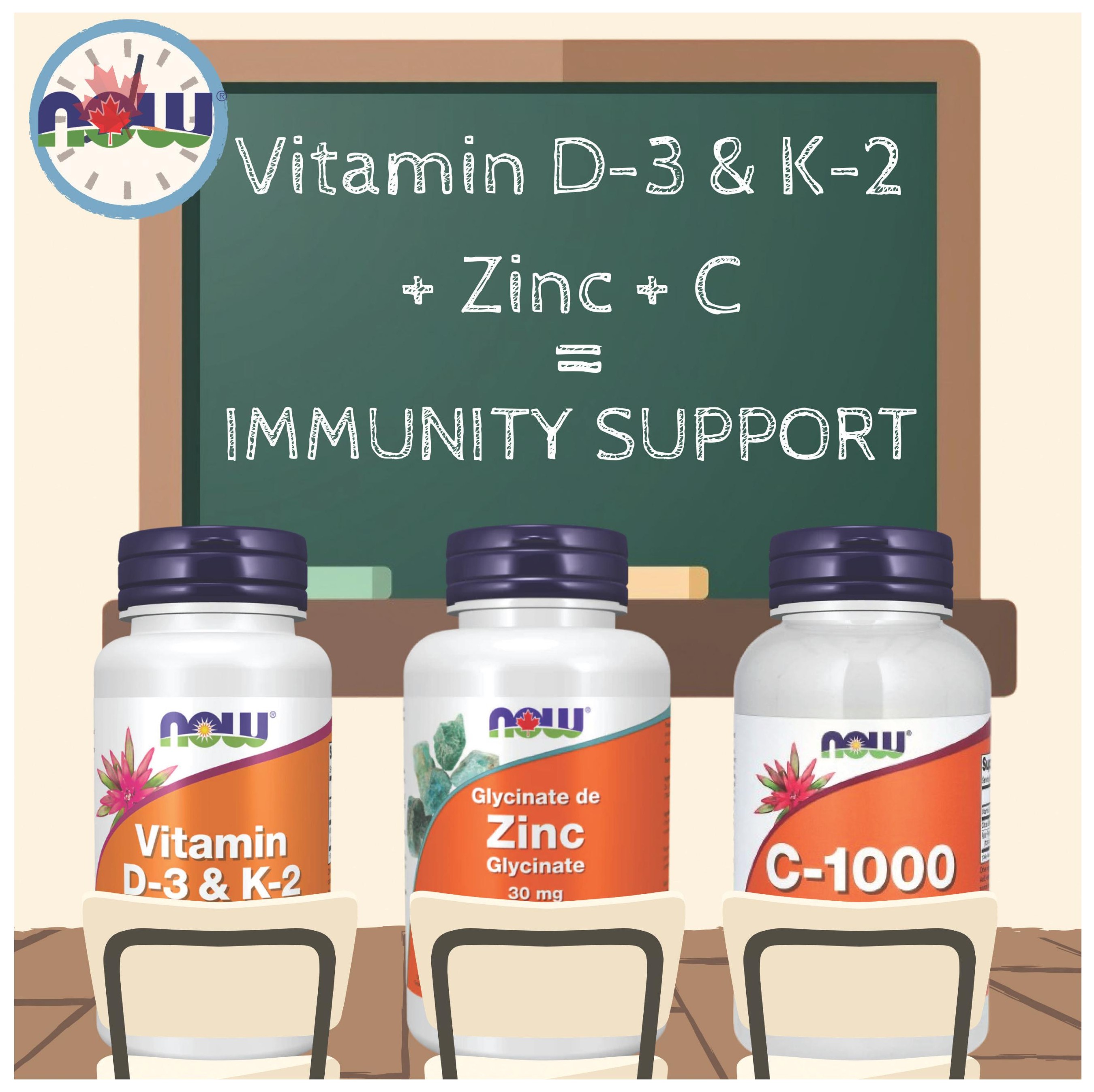 Ambrosia Natural Foods flyer specials, page 4. Features NOW brand supplements for immunity support. Products shown include Vitamin D-3 & K-2, Glycinate de Zinc (Zinc Glycinate) 30 mg, and C-1000 Vitamin C. The graphic highlights 'Vitamin D-3 & K-2 + Zinc + C = IMMUNITY SUPPORT' on a chalkboard.