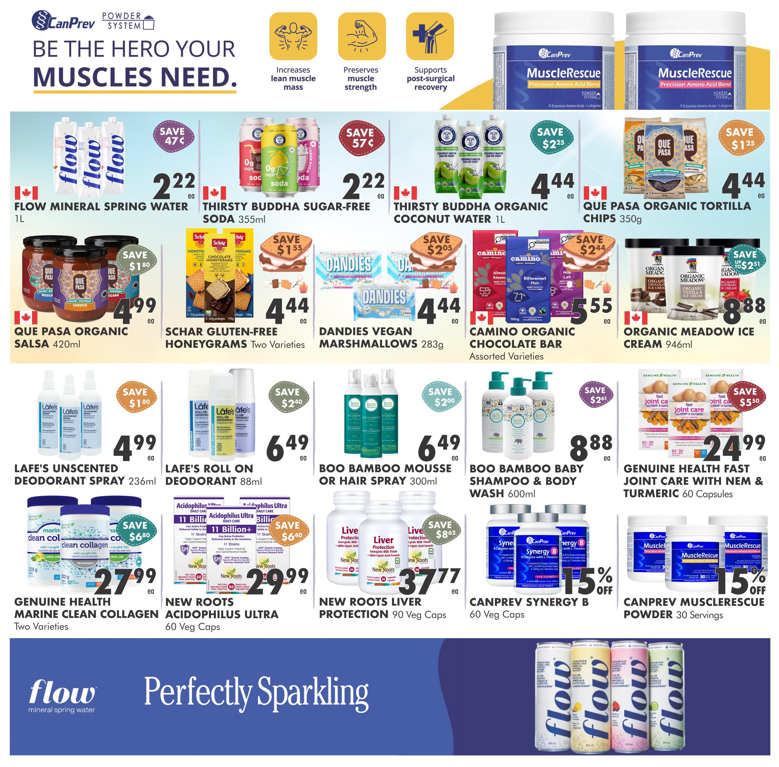 Ambrosia Natural Foods flyer specials page 5 features 'Be the Hero Your Muscles Need' with CanPrev MuscleRescue Precision Amino Acid Blend. Deals include Flow Mineral Spring Water 1L for $2.22, Thirsty Buddha Sugar-Free Soda 355ml for $2.22, Thirsty Buddha Organic Coconut Water 1L for $4.44, and Que Pasa Organic Tortilla Chips 350g for $4.44. Also featured are Que Pasa Organic Salsa 420ml for $4.99, Schar Gluten-Free Honeygrams Two Varieties for $4.44, Dandies Vegan Marshmallows 283g for $4.44, and Camino Organic Chocolate Bar Assorted Varieties for $5.55. Organic Meadow Ice Cream 946ml is on sale for $8.88. Personal care items include Lafe's Unscented Deodorant Spray 236ml for $4.99 and Lafe's Roll On Deodorant 88ml for $6.49. Boo Bamboo Mousse or Hair Spray 300ml is $6.49, and Boo Bamboo Baby Shampoo & Body Wash 600ml is $8.88. Health supplements include Genuine Health Marine Clean Collagen Two Varieties for $27.99, New Roots Acidophilus Ultra 60 Veg Caps for $29.99, New Roots Liver Protection 90 Veg Caps for $37.77, Canprev Synergy B 60 Veg Caps with 15% off, and Canprev Musclerescue Powder 30 Servings with 15% off. Genuine Health Fast Joint Care with NEM & Turmeric 60 Capsules is $24.99. The page also highlights Flow mineral spring water.