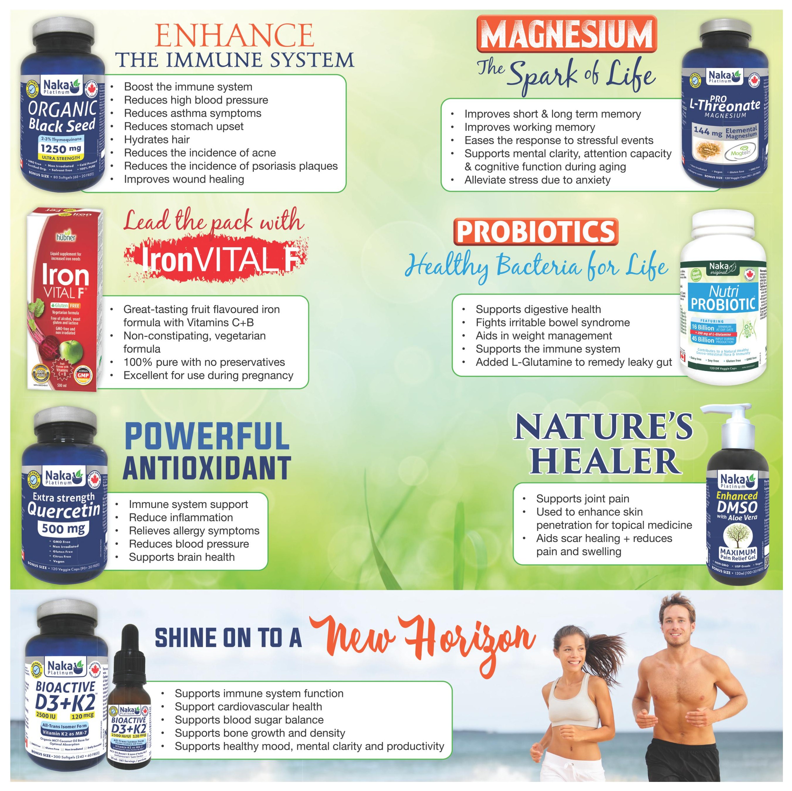 Ambrosia Natural Foods flyer specials page 6, featuring Naka Platinum Organic Black Seed 1250 mg for immune system support, reducing high blood pressure, asthma symptoms, stomach upset, and improving hair hydration, acne, psoriasis, and wound healing. Also highlights IronVITAL F, a fruit-flavoured iron formula with Vitamins C+B, non-constipating and vegetarian. Naka Platinum Pro L-Threonate Magnesium 144 mg for memory, stress response, and cognitive function. Naka Nutri Probiotic with 45 billion active cultures for digestive health and immune support. Naka Platinum Extra Strength Quercetin 500 mg for immune support, reducing inflammation, allergy symptoms, blood pressure, and supporting brain health. Naka Platinum Enhanced DMSO with Aloe Vera for joint pain, skin penetration, scar healing, and reducing pain and swelling. Finally, Naka Platinum Bioactive D3+K2 2500 IU/120 mcg in softgels and liquid form, supporting immune system, cardiovascular health, blood sugar balance, bone growth, and healthy mood, mental clarity, and productivity.