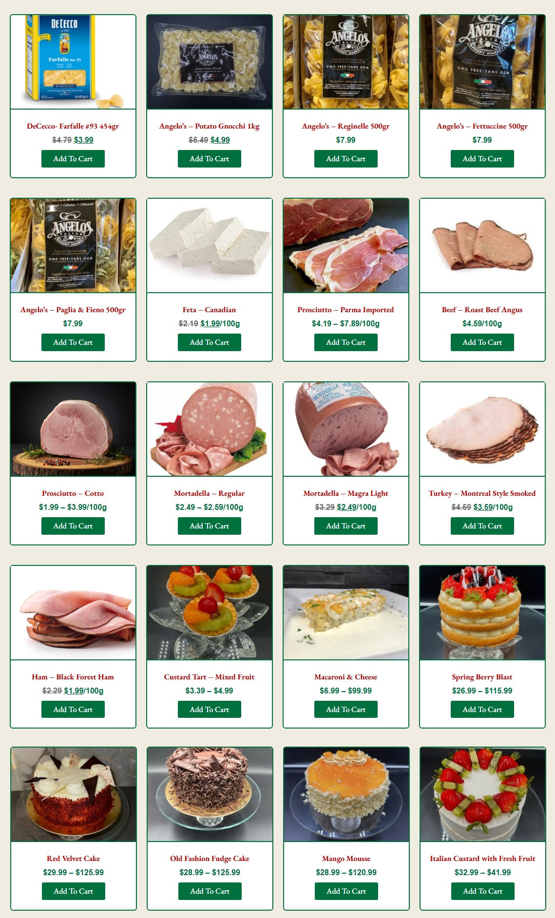 Angelo's Italian Market flyer page 2 featuring a variety of Italian specialty foods and desserts. Products include DeCecco Farfalle #93 454gr for $3.99, Angelo's Potato Gnocchi 1kg for $4.99, Angelo's Reginelle 500gr for $7.99, Angelo's Fettuccine 500gr for $7.99, Angelo's Paglia & Fieno 500gr for $7.99. Also available are Feta - Canadian at $1.99/100g, Prosciutto - Parma Imported from $4.19 to $7.89/100g, and Beef - Roast Beef Angus for $4.59/100g. Deli meats include Prosciutto - Cotto from $1.99 to $3.99/100g, Mortadella - Regular from $2.49 to $2.59/100g, Mortadella - Magra Light from $2.49 to $3.29/100g, and Turkey - Montreal Style Smoked for $3.59/100g. Other items include Ham - Black Forest Ham for $1.99/100g, Custard Tart - Mixed Fruit from $3.39 to $4.99, Macaroni & Cheese from $6.99 to $99.99, and Spring Berry Blast cake from $26.99 to $115.99. Desserts featured are Red Velvet Cake from $29.99 to $125.99, Old Fashion Fudge Cake from $28.99 to $125.99, Mango Mousse from $28.99 to $120.99, and Italian Custard with Fresh Fruit from $32.99 to $41.99.