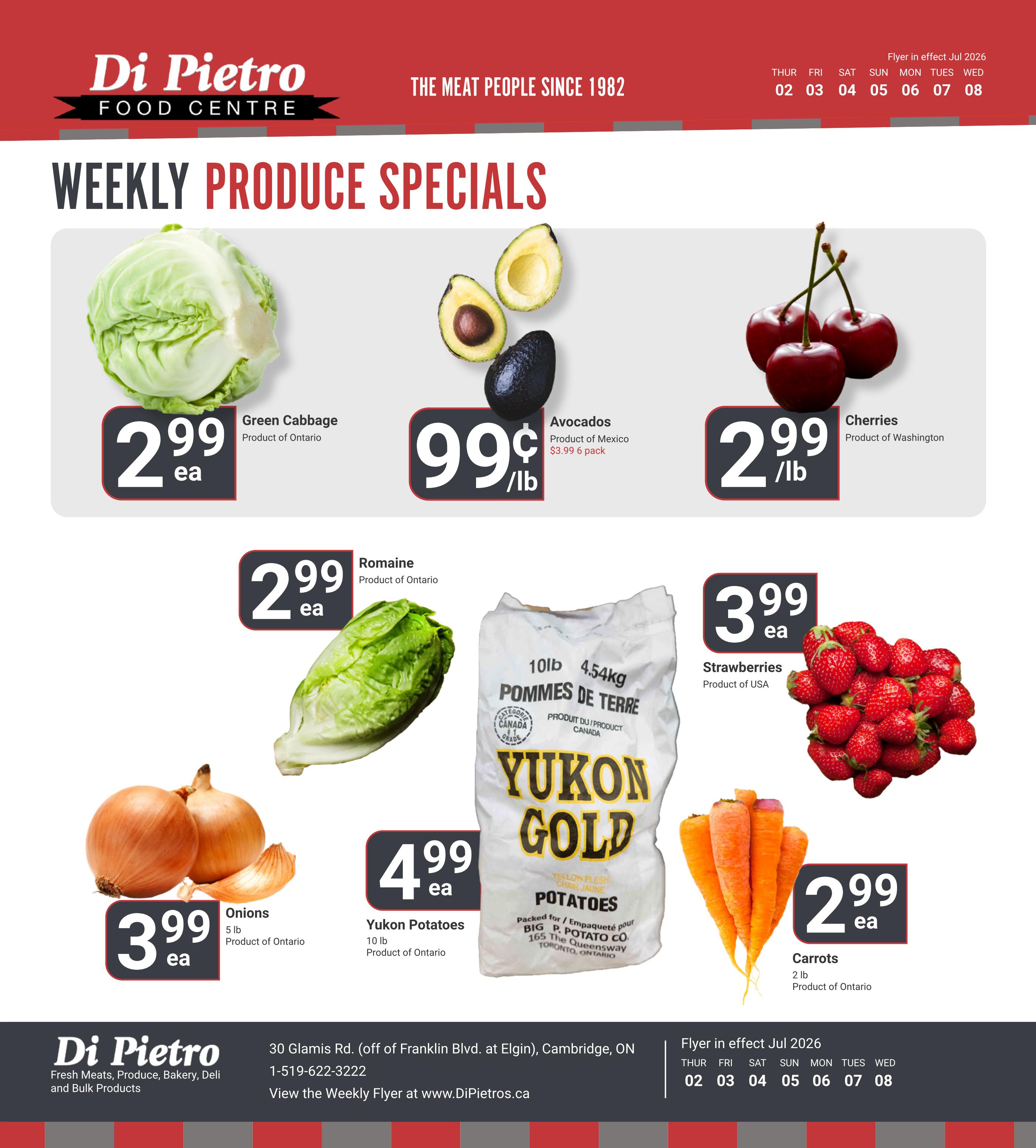 Di Pietro Food Centre weekly produce specials flyer for July 2-8, 2026. Featured items include Green Cabbage from Ontario for $2.99 each, Avocados from Mexico for $0.99 per lb (3 pack for $3.99), Cherries from Washington for $2.99 per lb, Romaine lettuce from Ontario for $2.99 each, Strawberries from USA for $3.99 each, 5 lb Onions from Ontario for $3.99 each, 10 lb Yukon Potatoes from Ontario for $4.99 each, and 2 lb Carrots from Ontario for $2.99 each.