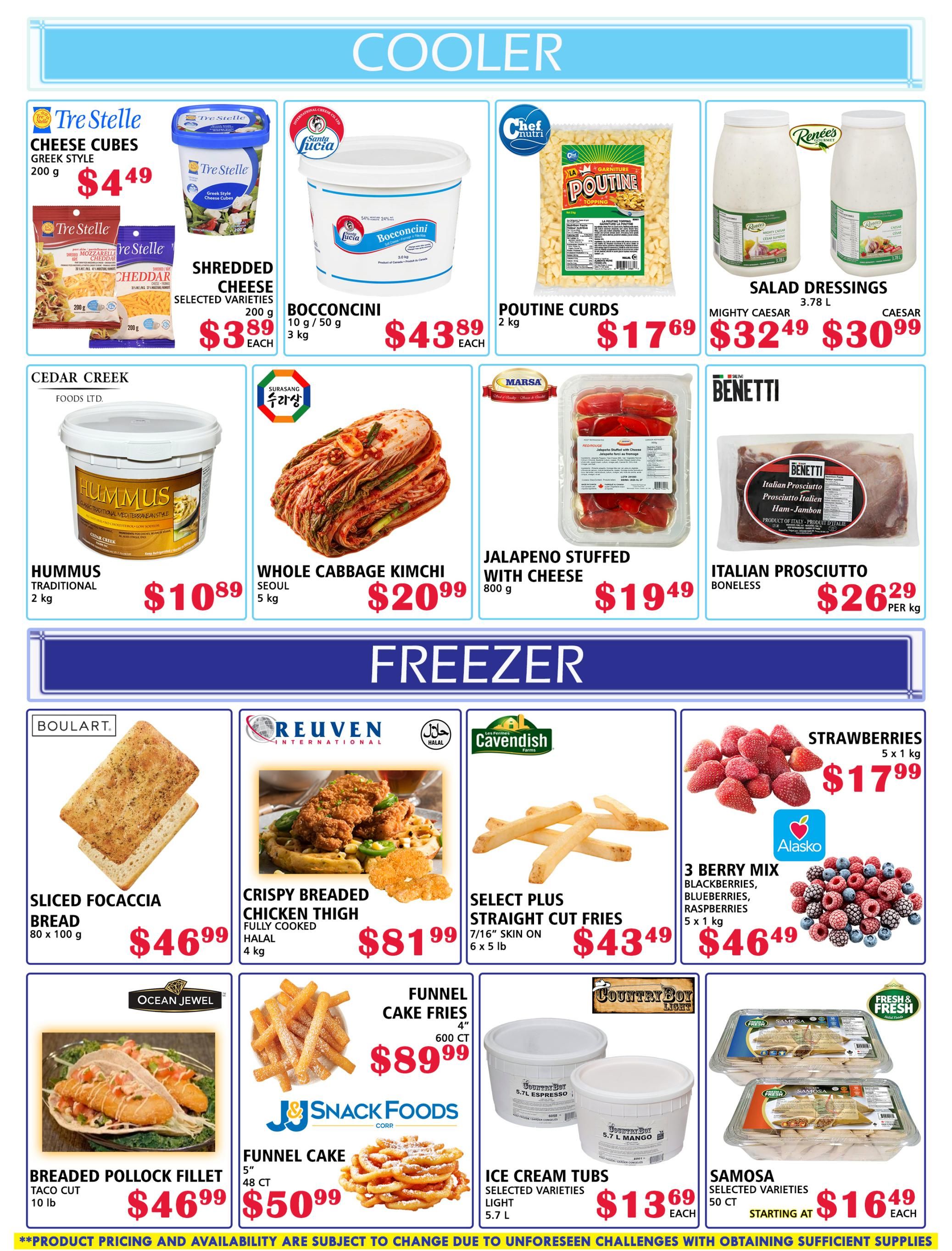 MVR Cash and Carry flyer page 3 features cooler and freezer items. Cooler section includes Tre Stelle Cheese Cubes Greek Style for $4.49, Tre Stelle Shredded Cheese Selected Varieties for $3.89 each, Lucia Bocconcini 3 kg for $43.89 each, Chef Nutri Poutine Curds 2 kg for $17.69, and Renee's Salad Dressings Mighty Caesar 3.78 L for $32.49 and Caesar 3.78 L for $30.99. Also available are Cedar Creek Hummus Traditional 2 kg for $10.89, Surasang Whole Cabbage Kimchi Seoul 5 kg for $20.99, Marsa Jalapeno Stuffed with Cheese 800 g for $19.49, and Benetti Italian Prosciutto Boneless for $26.29 per kg. The freezer section offers Boulart Sliced Focaccia Bread 80 x 100 g for $46.99, Reuven International Crispy Breaded Chicken Thigh Fully Cooked Halal 4 kg for $81.99, Cavendish Select Plus Straight Cut Fries 7/16' Skin On 6 x 5 lb for $43.49, and Alasko 3 Berry Mix (Blackberries, Blueberries, Raspberries) 5 x 1 kg for $46.49. Additional freezer items include Ocean Jewel Breaded Pollock Fillet Taco Cut 10 lb for $46.99, J&J Snack Foods Funnel Cake Fries 4' 600 CT for $89.99, J&J Snack Foods Funnel Cake 5' 48 CT for $50.99, Country Boy Ice Cream Tubs Selected Varieties Light 5.7 L for $13.69 each, and Fresh & Fresh Samosa Selected Varieties 50 CT starting at $16.49 each.